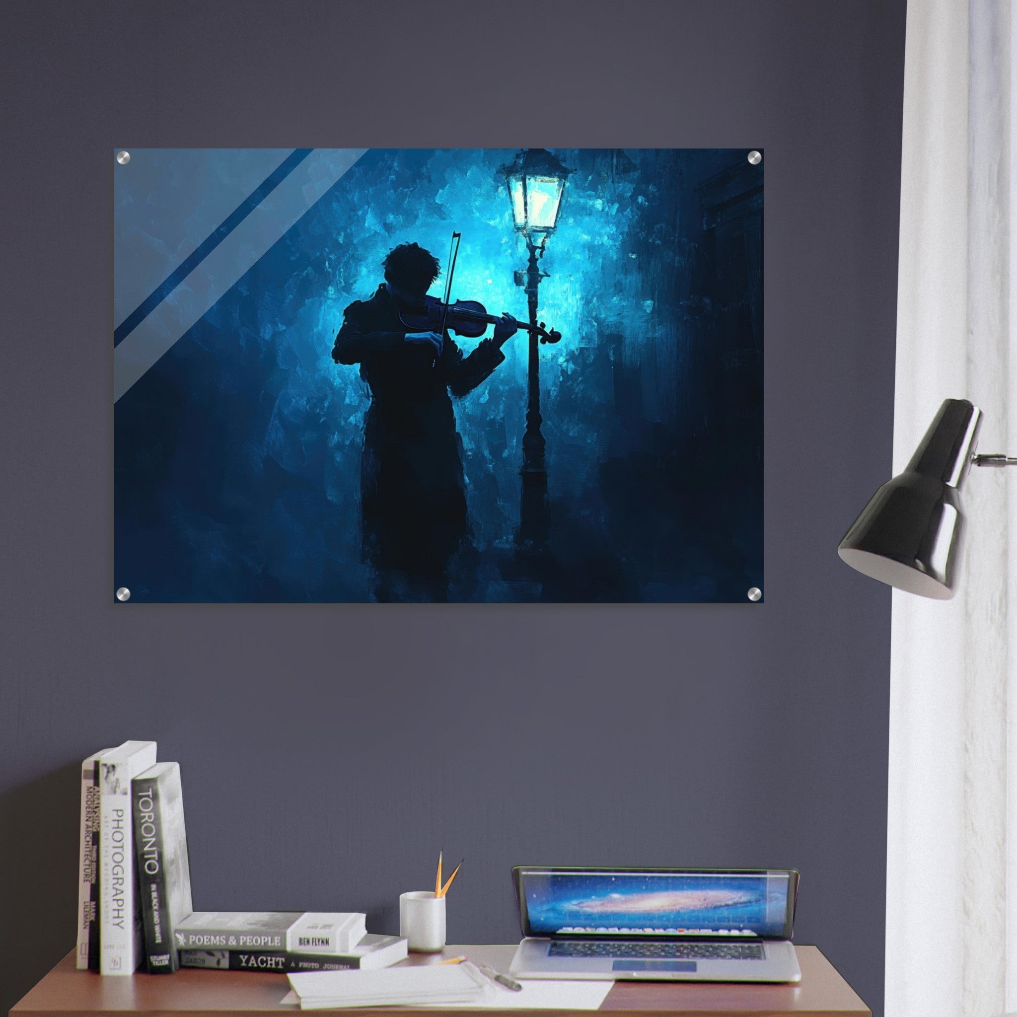 Acrylic Print Landscape - A lone violinist stands beneath a flickering sir 3 - Shop Ai Art WebShop - Digital Art online Store