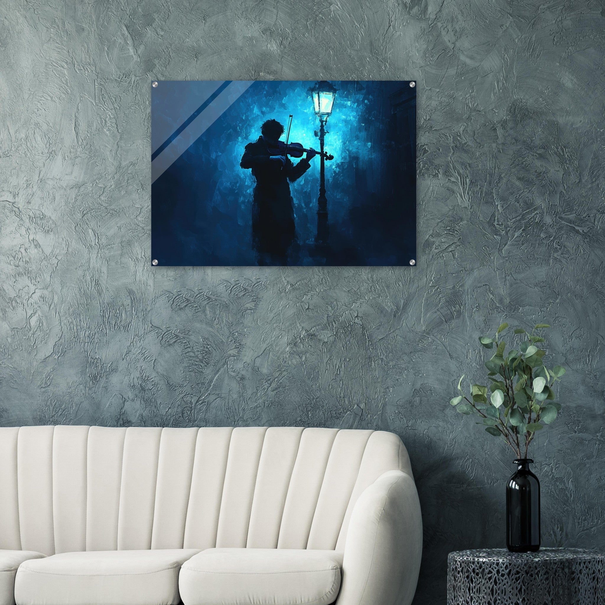 Acrylic Print Landscape - A lone violinist stands beneath a flickering sir 3 - Shop Ai Art WebShop - Digital Art online Store