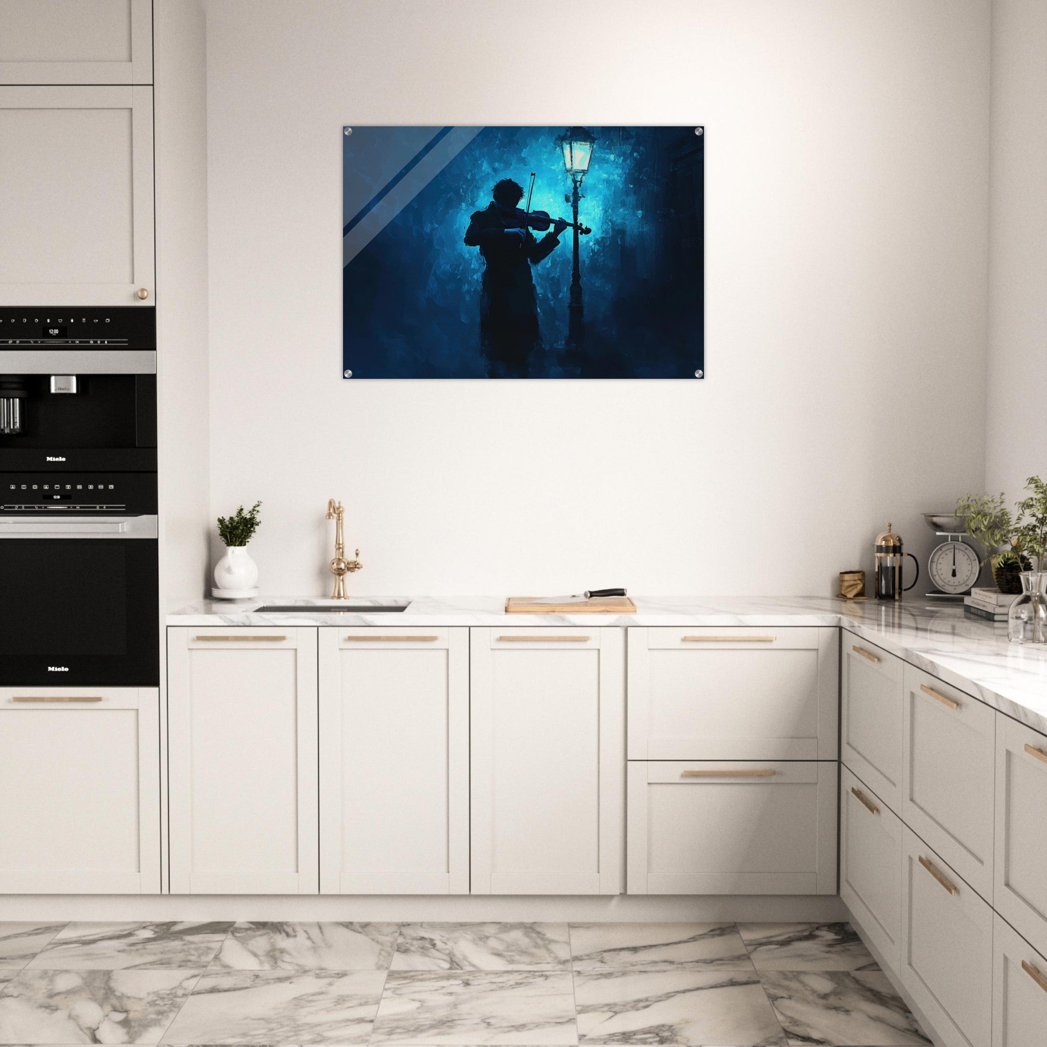 Acrylic Print Landscape - A lone violinist stands beneath a flickering sir 3 - Shop Ai Art WebShop - Digital Art online Store