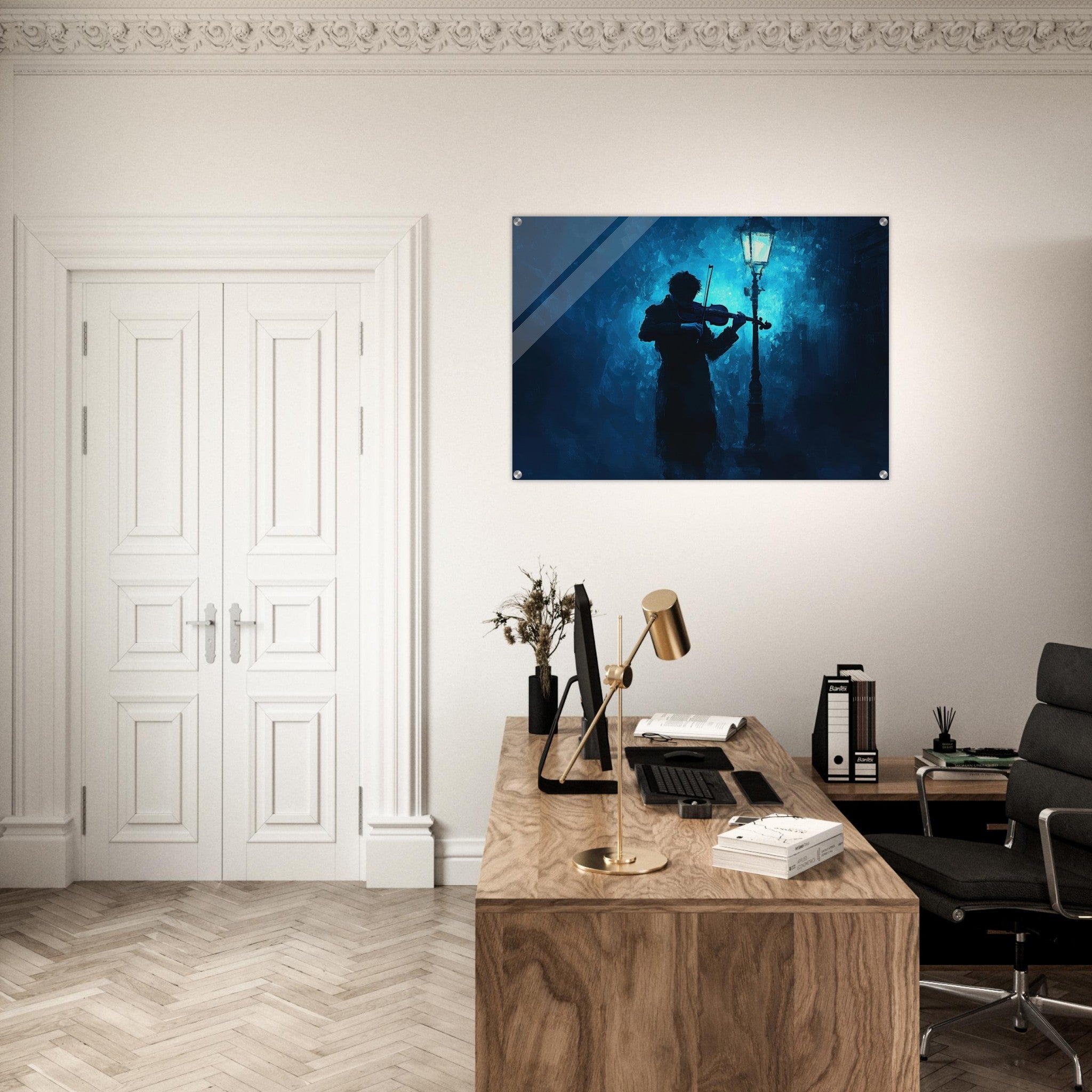 Acrylic Print Landscape - A lone violinist stands beneath a flickering sir 3 - Shop Ai Art WebShop - Digital Art online Store