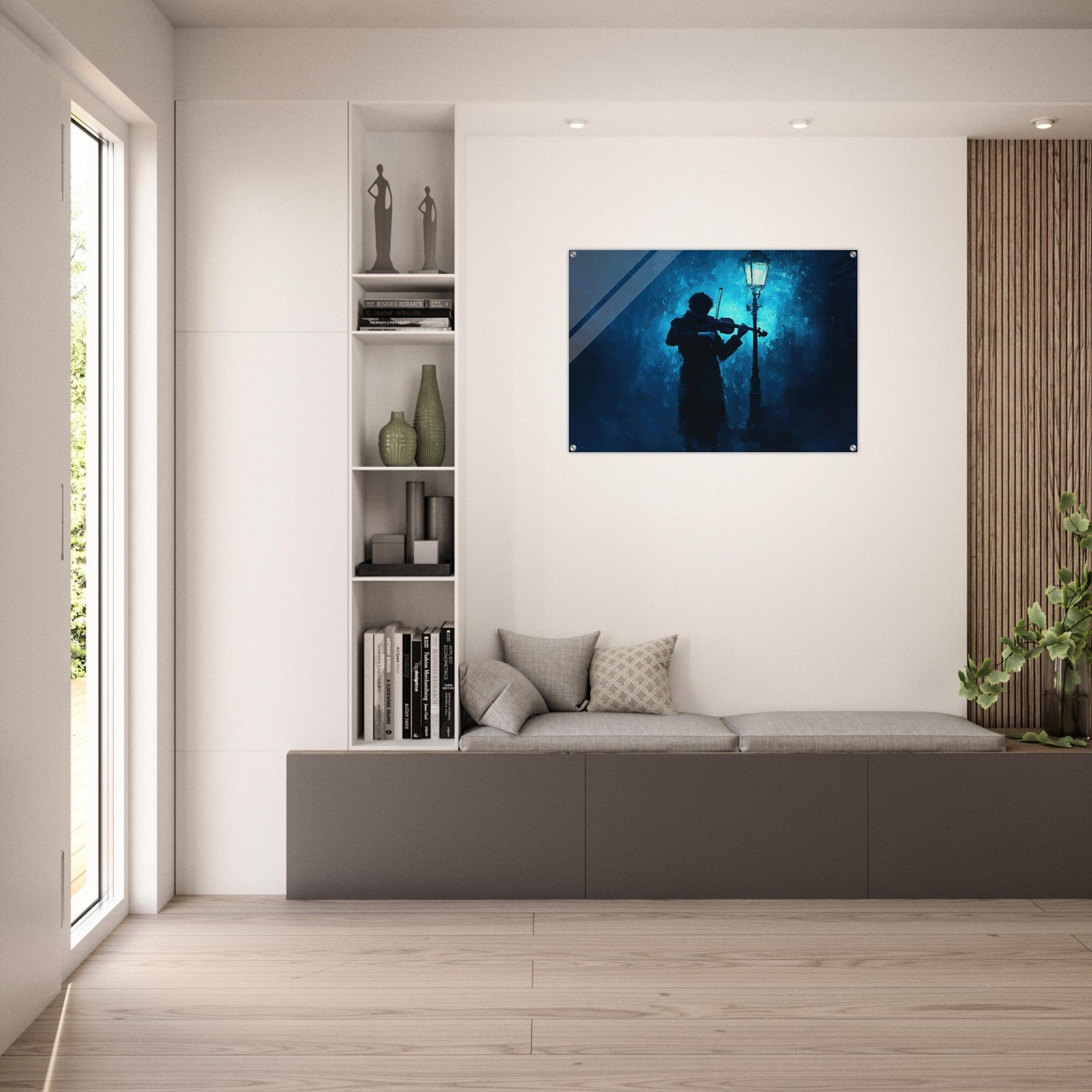 Acrylic Print Landscape - A lone violinist stands beneath a flickering sir 3 - Shop Ai Art WebShop - Digital Art online Store