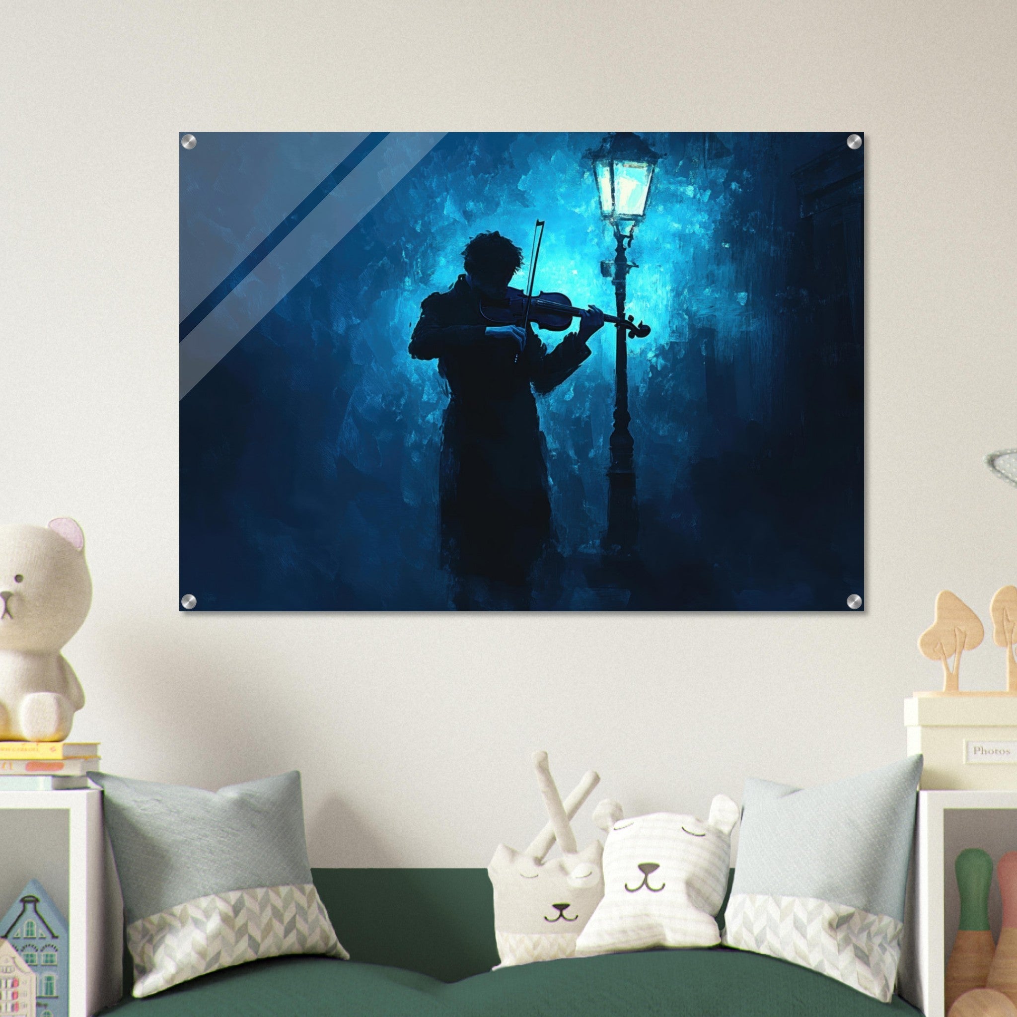 Acrylic Print Landscape - A lone violinist stands beneath a flickering sir 3 - Shop Ai Art WebShop - Digital Art online Store