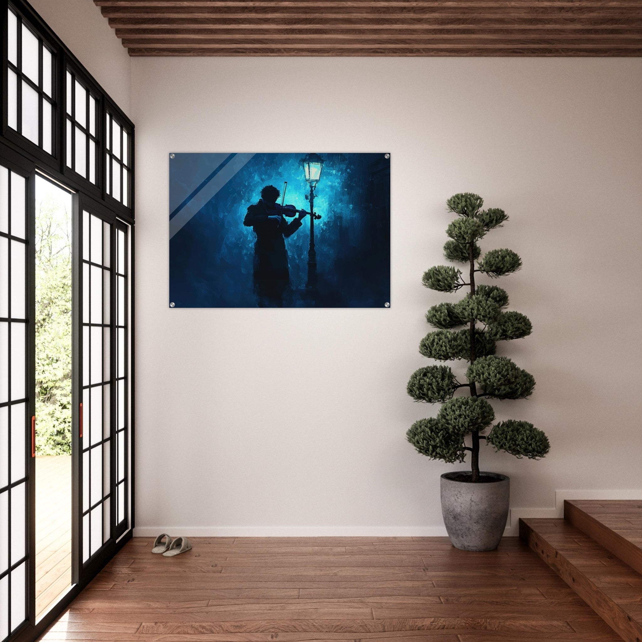 Acrylic Print Landscape - A lone violinist stands beneath a flickering sir 3 - Shop Ai Art WebShop - Digital Art online Store