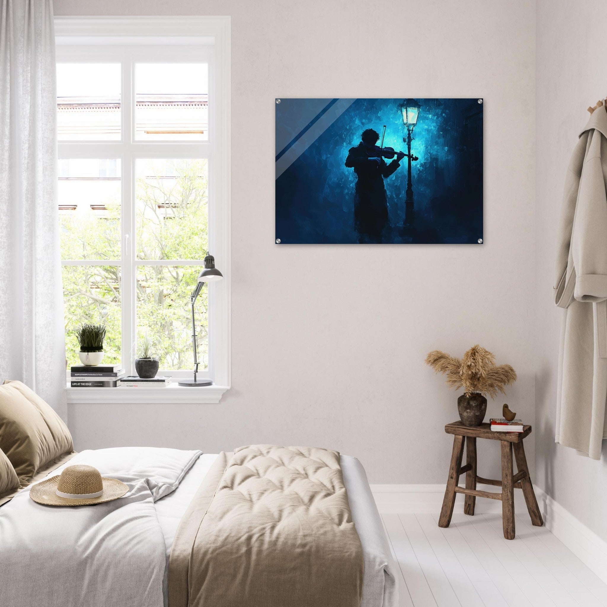 Acrylic Print Landscape - A lone violinist stands beneath a flickering sir 3 - Shop Ai Art WebShop - Digital Art online Store