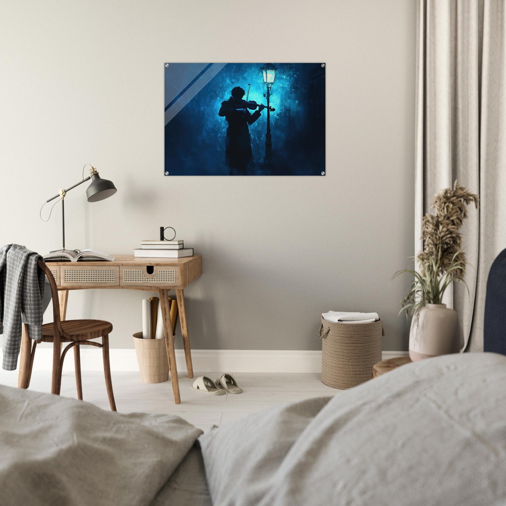 Acrylic Print Landscape - A lone violinist stands beneath a flickering sir 3 - Shop Ai Art WebShop - Digital Art online Store