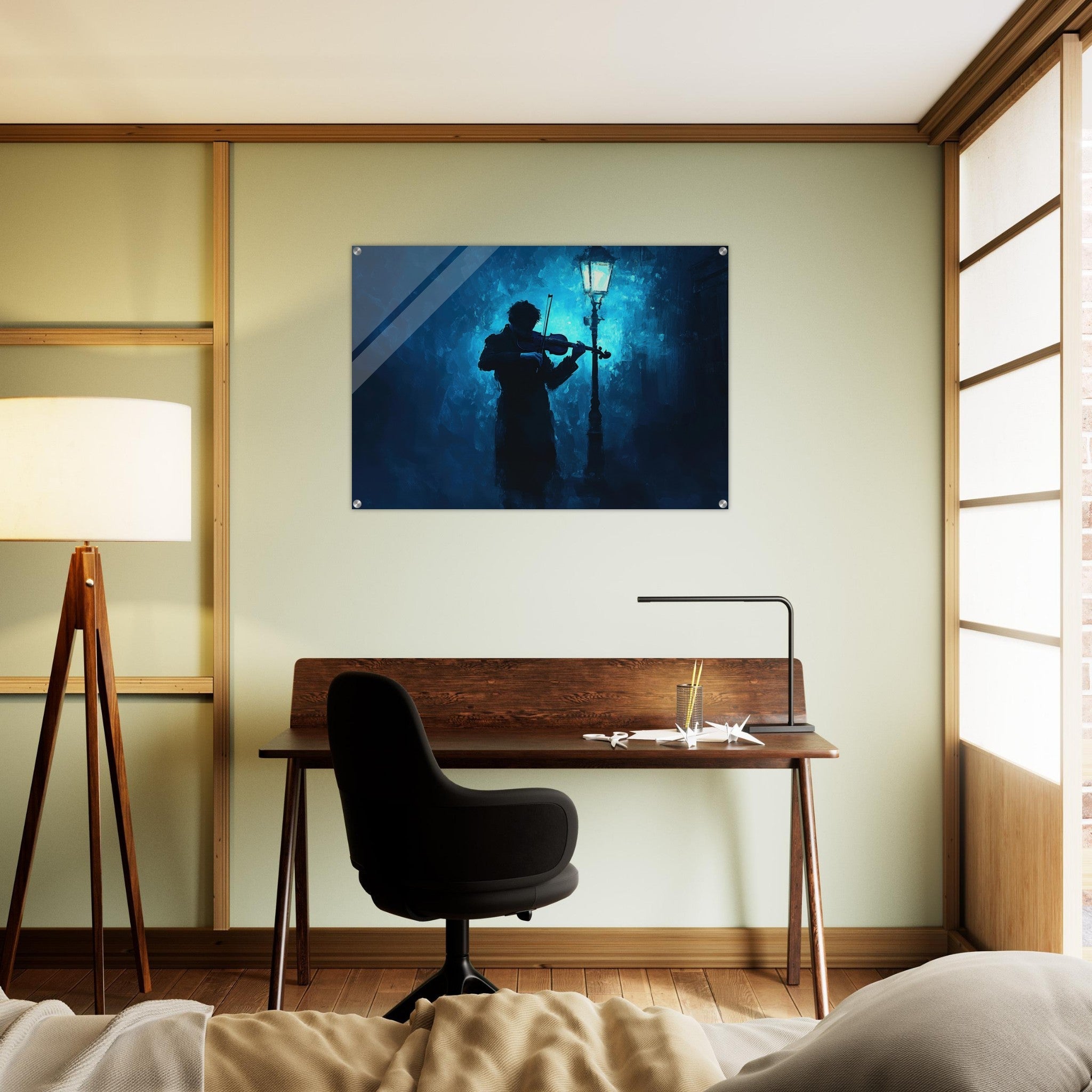 Acrylic Print Landscape - A lone violinist stands beneath a flickering sir 3 - Shop Ai Art WebShop - Digital Art online Store