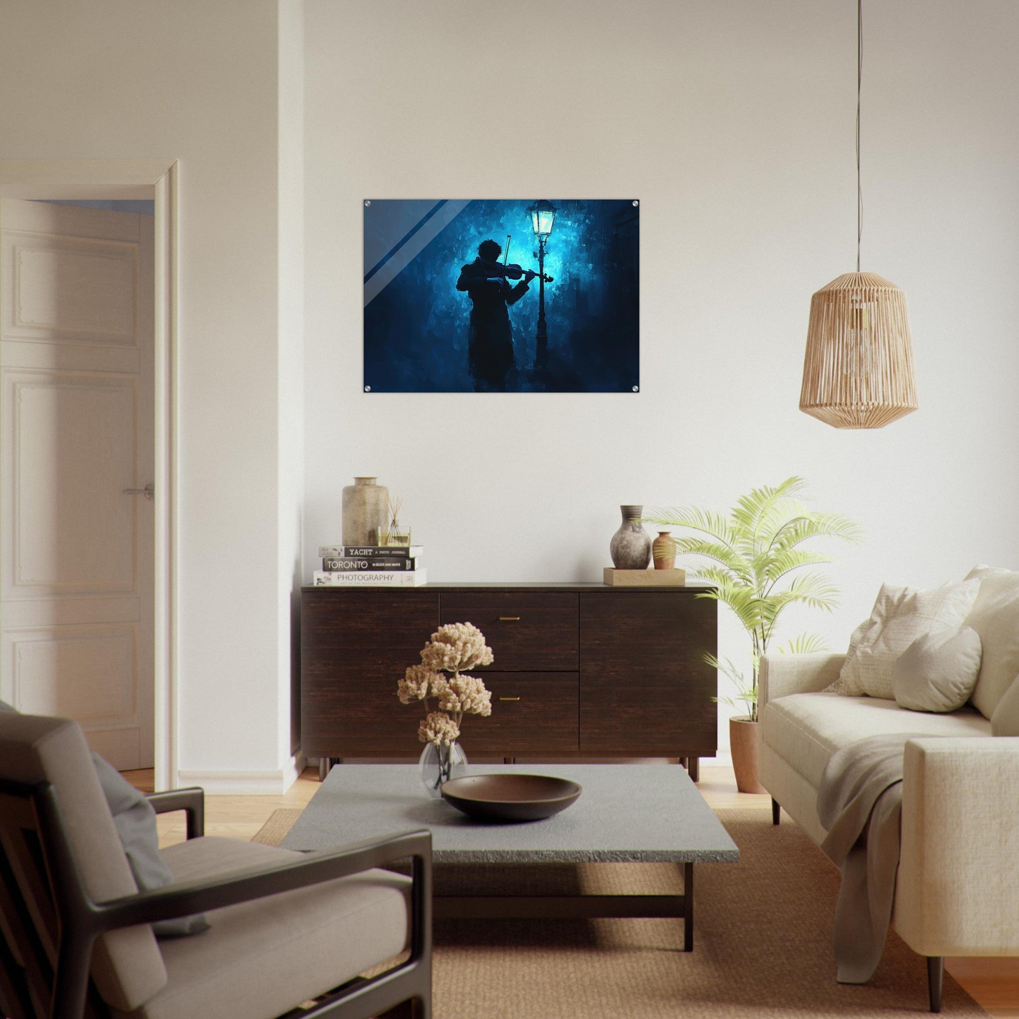 Acrylic Print Landscape - A lone violinist stands beneath a flickering sir 3 - Shop Ai Art WebShop - Digital Art online Store