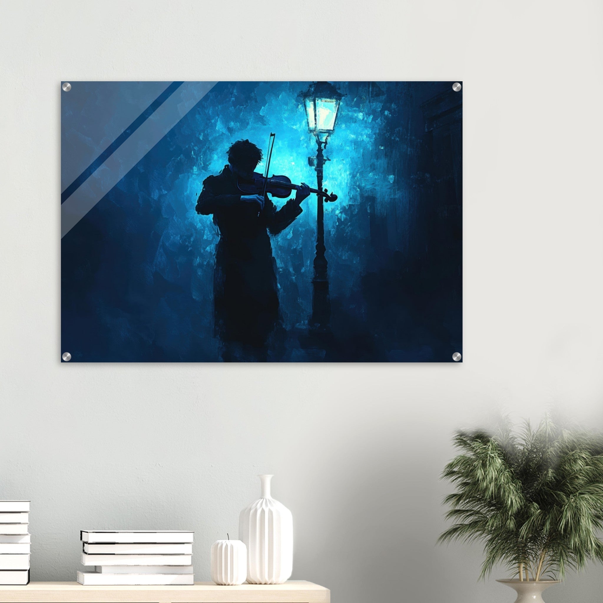 Acrylic Print Landscape - A lone violinist stands beneath a flickering sir 3 - Shop Ai Art WebShop - Digital Art online Store