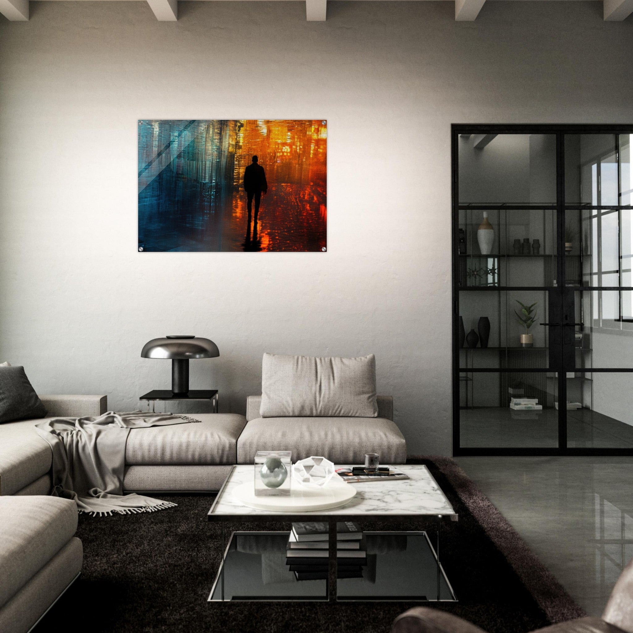 Acrylic Print Landscape - A lonely figure walks the rain - drenched streets - Ai Art Force