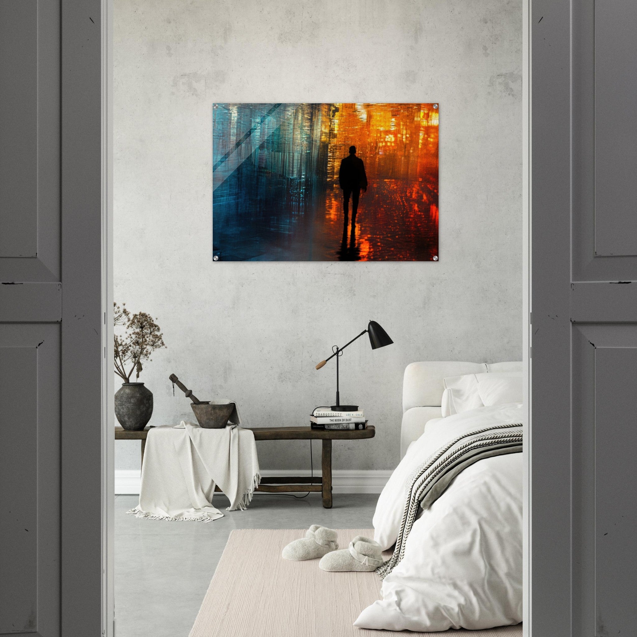 Acrylic Print Landscape - A lonely figure walks the rain - drenched streets - Ai Art Force