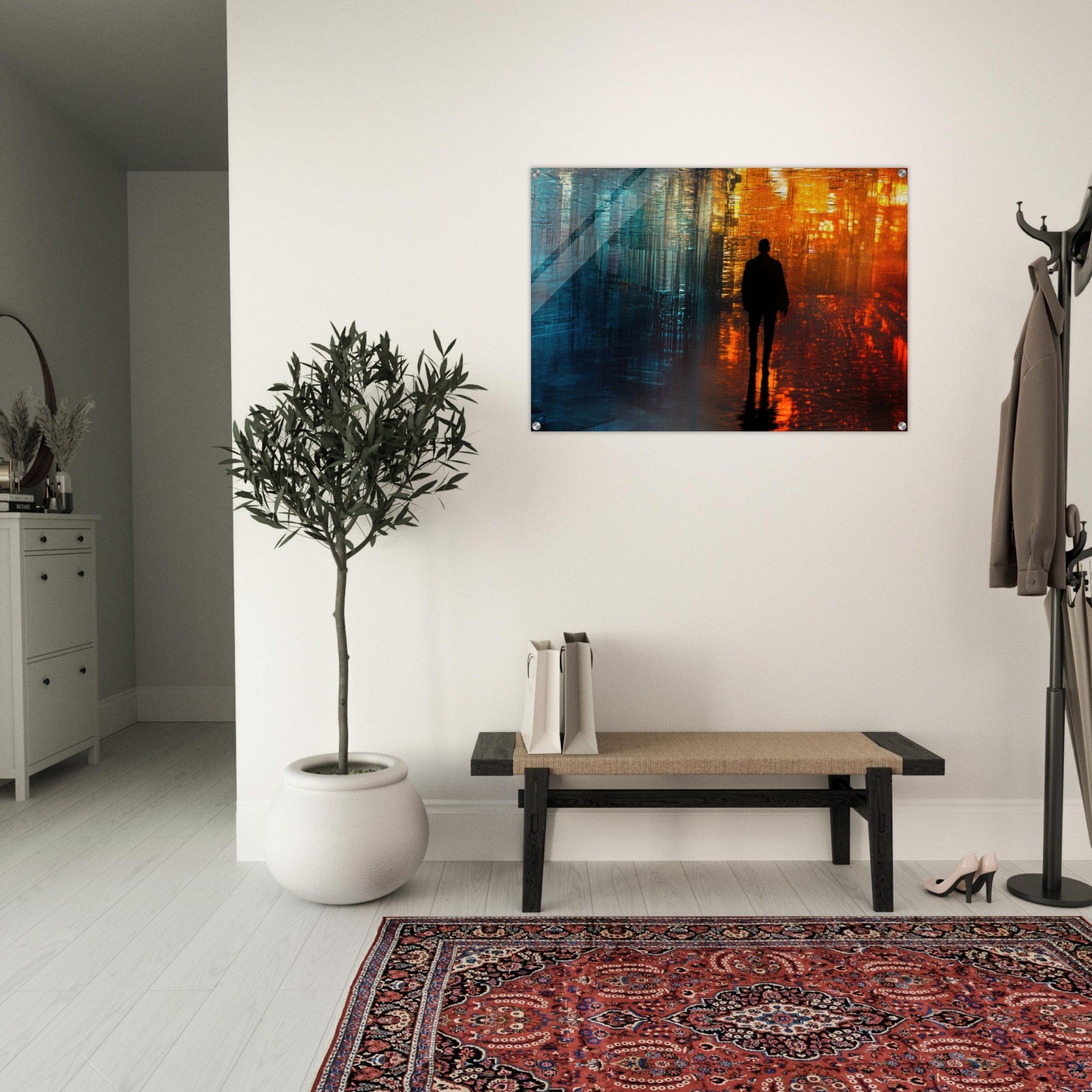 Acrylic Print Landscape - A lonely figure walks the rain - drenched streets - Ai Art Force
