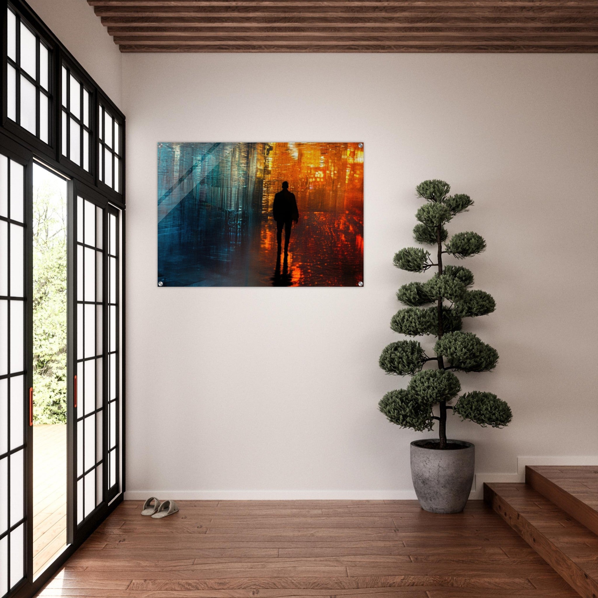 Acrylic Print Landscape - A lonely figure walks the rain - drenched streets - Ai Art Force