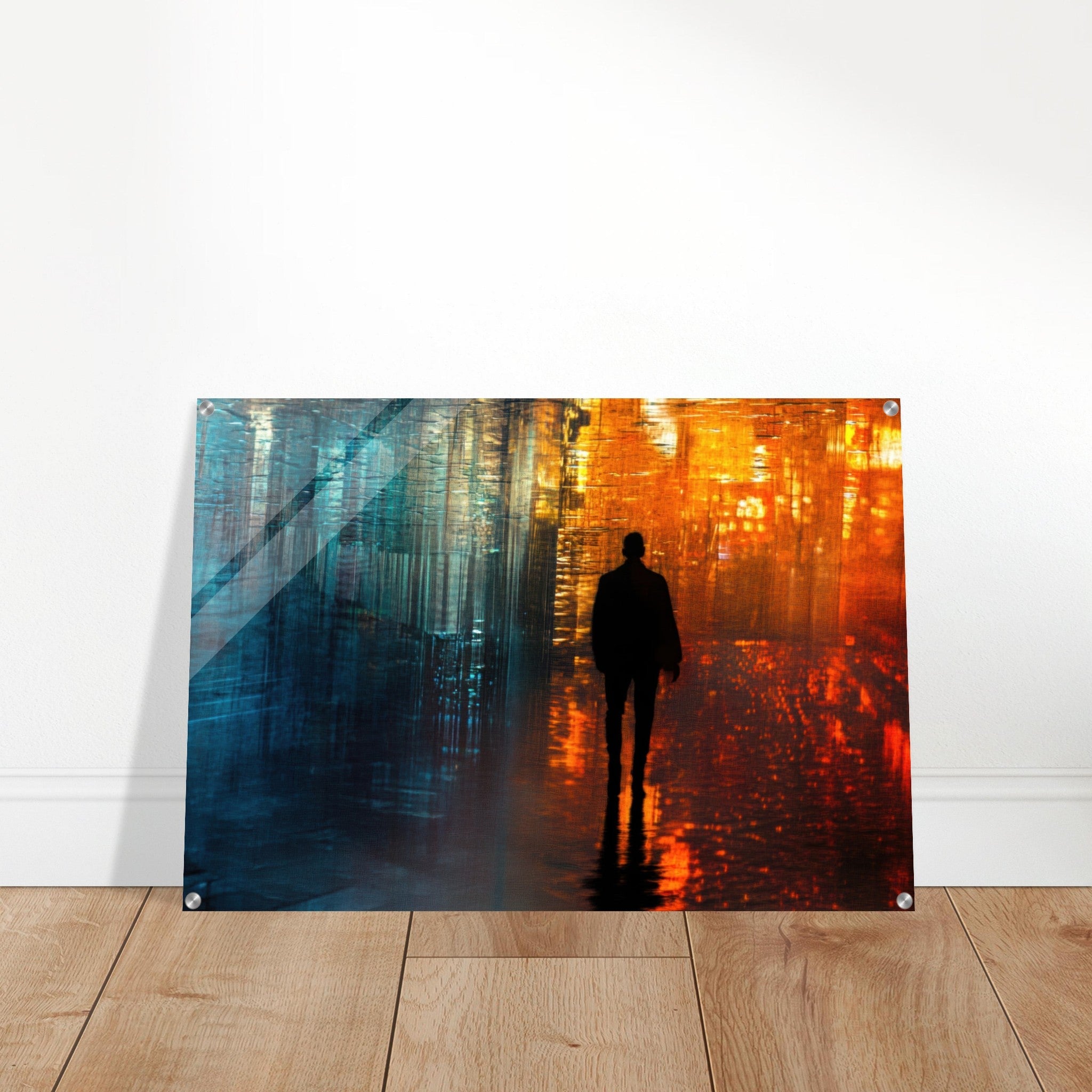 Acrylic Print Landscape - A lonely figure walks the rain - drenched streets - Ai Art Force