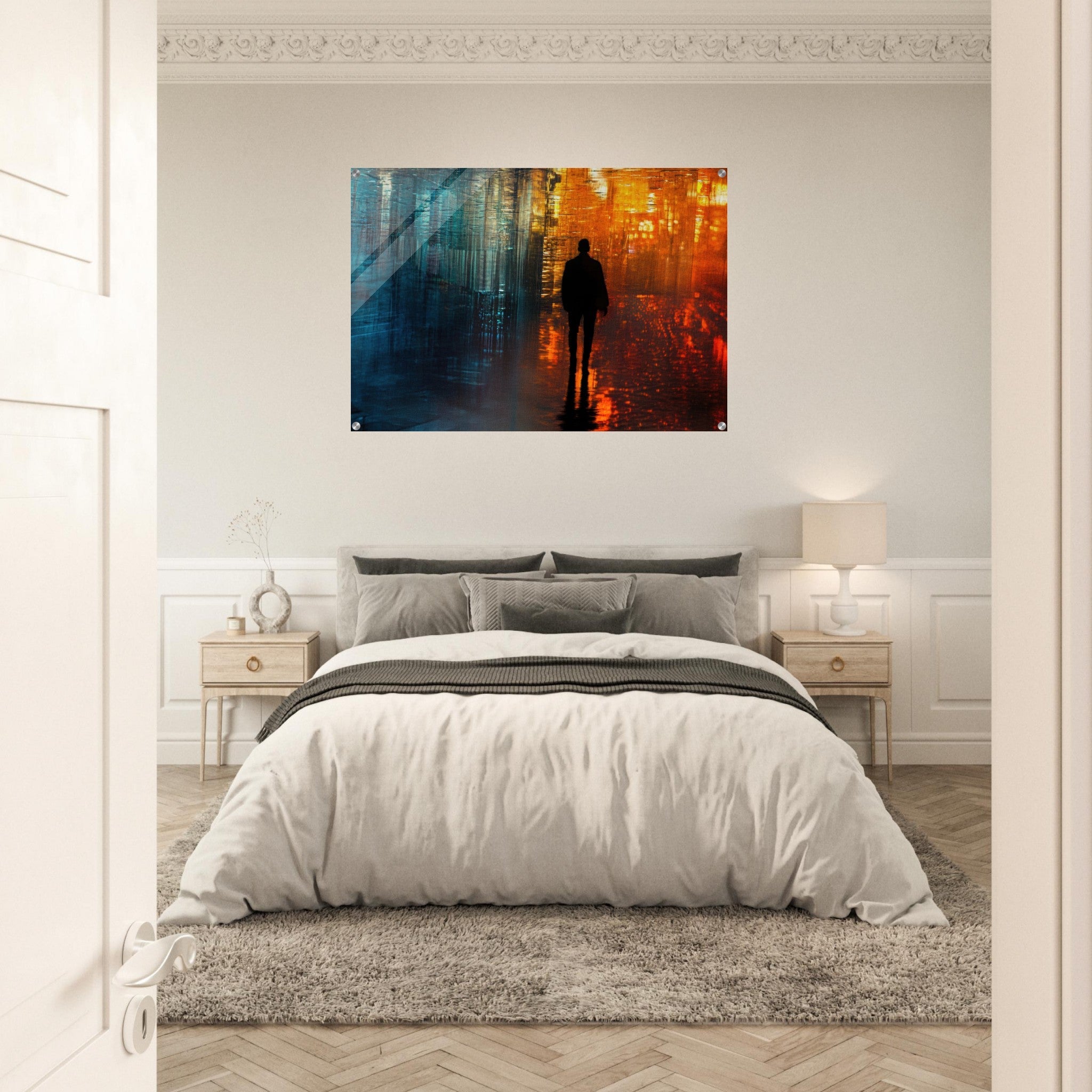 Acrylic Print Landscape - A lonely figure walks the rain - drenched streets - Ai Art Force