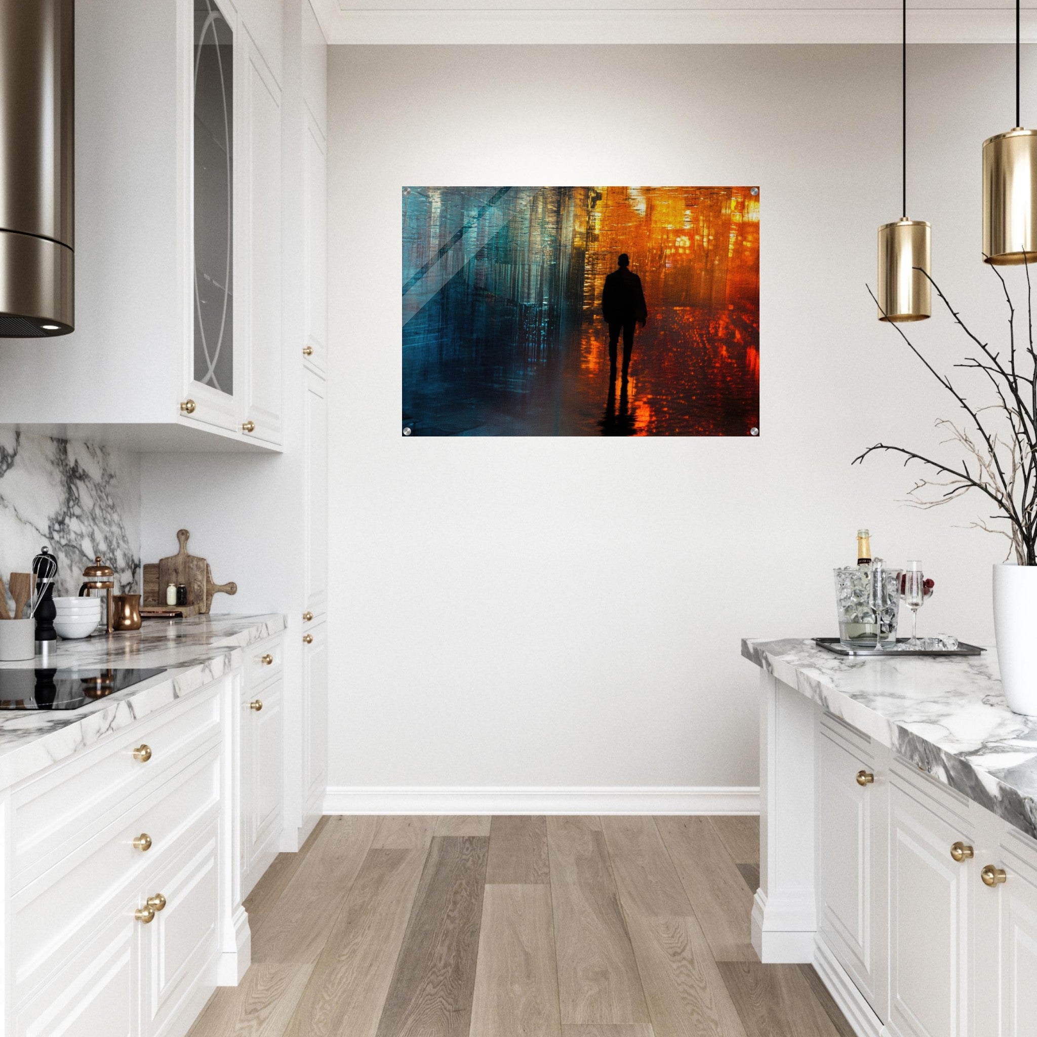 Acrylic Print Landscape - A lonely figure walks the rain - drenched streets - Ai Art Force