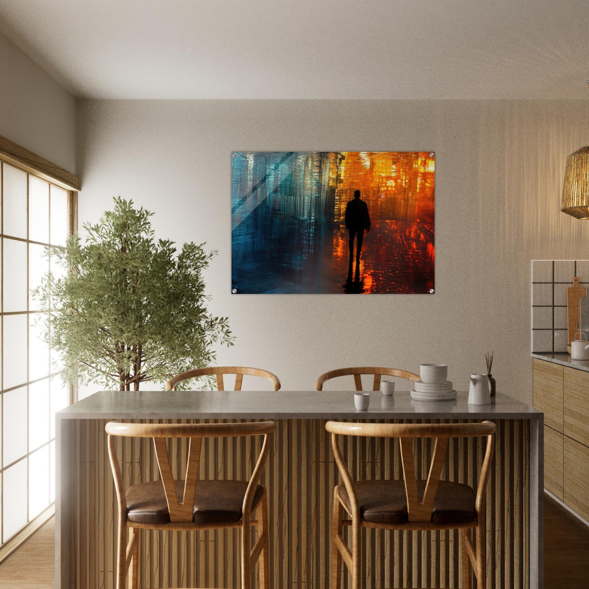 Acrylic Print Landscape - A lonely figure walks the rain - drenched streets - Ai Art Force