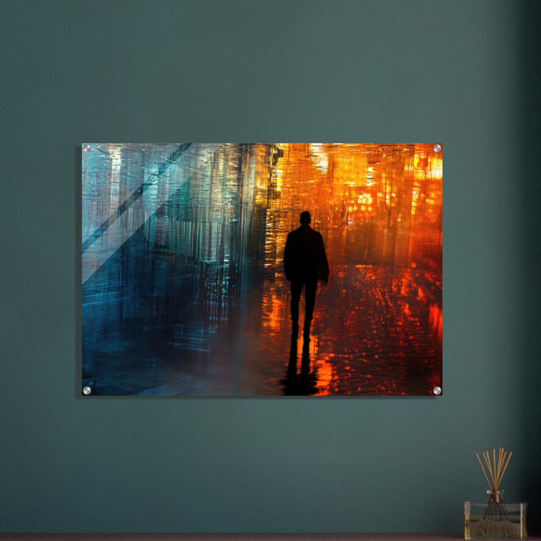 Acrylic Print Landscape - A lonely figure walks the rain - drenched streets - Ai Art Force