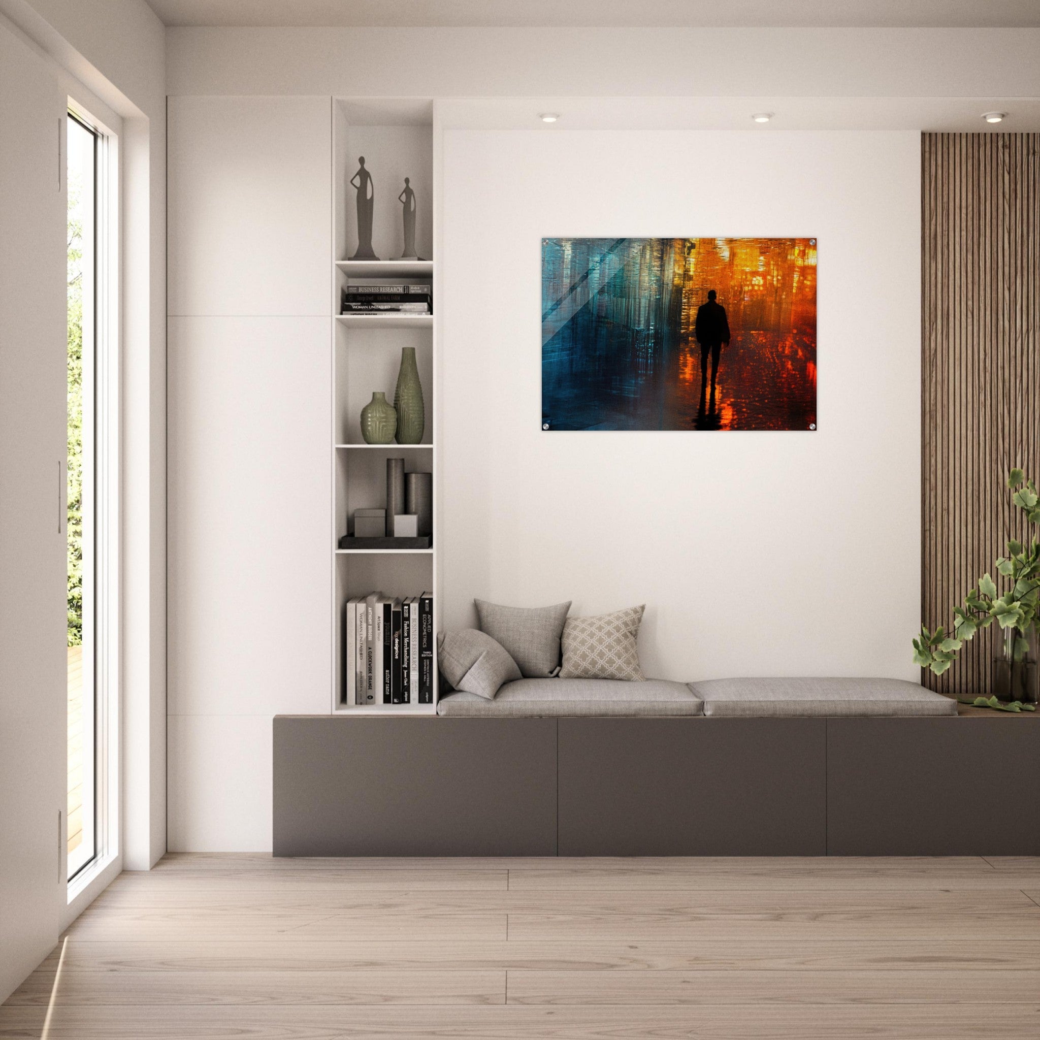 Acrylic Print Landscape - A lonely figure walks the rain - drenched streets - Ai Art Force