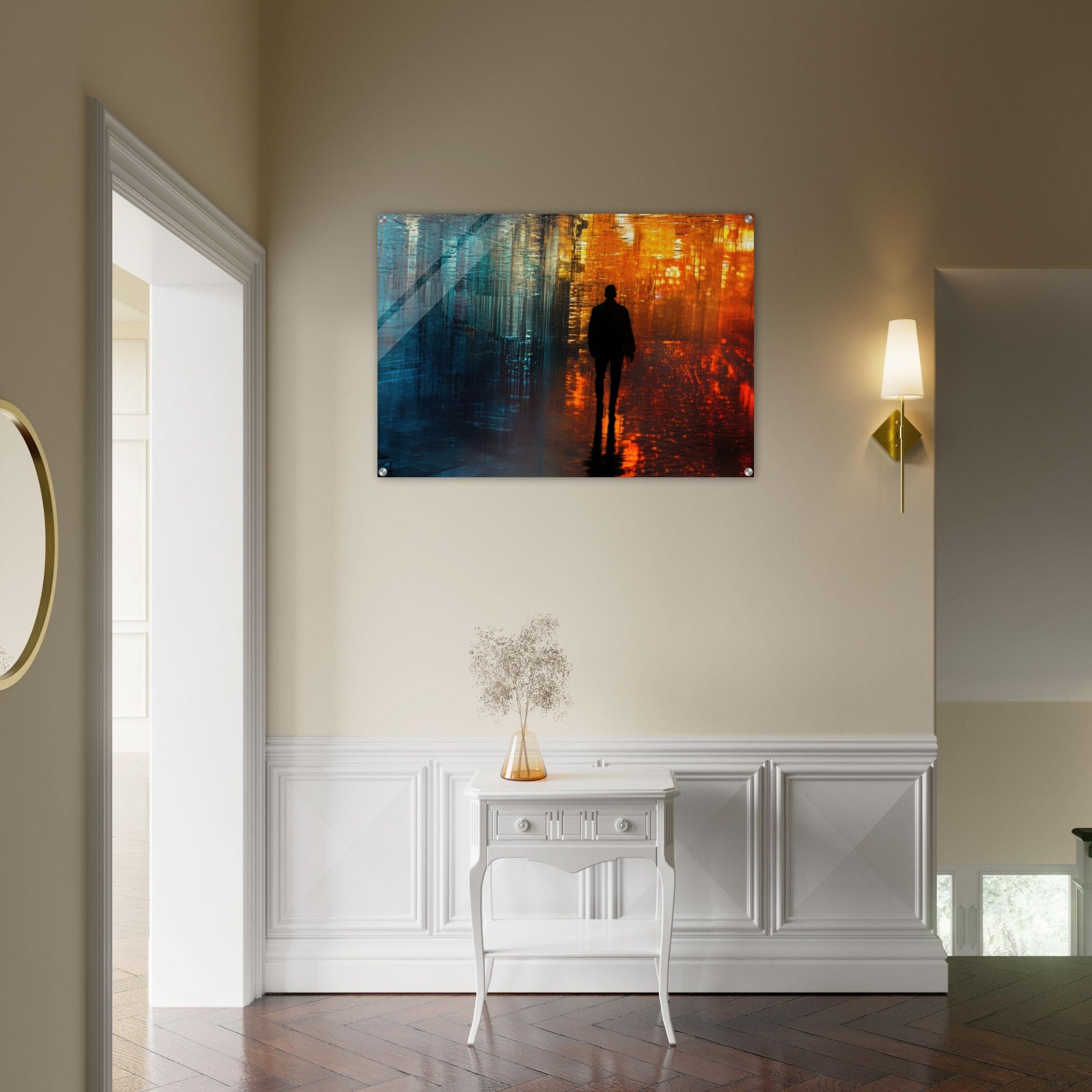 Acrylic Print Landscape - A lonely figure walks the rain - drenched streets - Ai Art Force