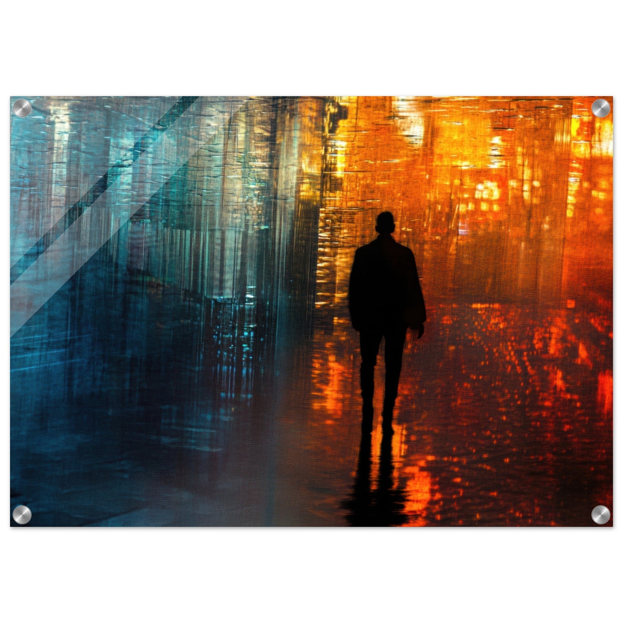 Acrylic Print Landscape - A lonely figure walks the rain - drenched streets - Ai Art Force