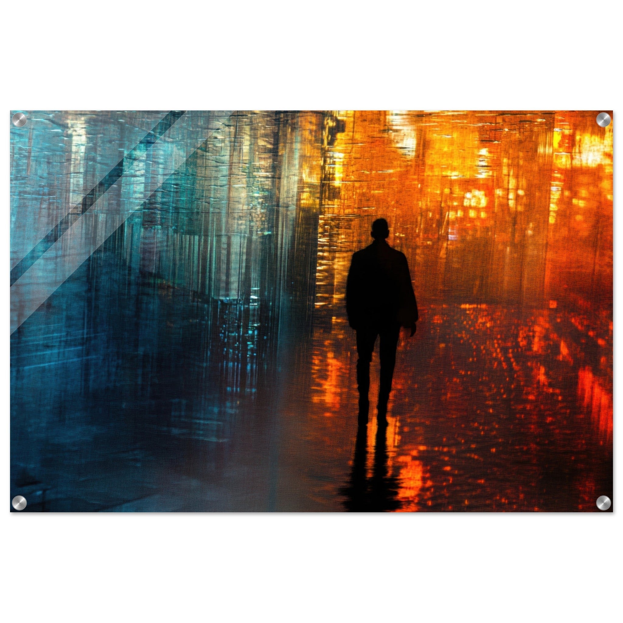Acrylic Print Landscape - A lonely figure walks the rain - drenched streets - Ai Art Force