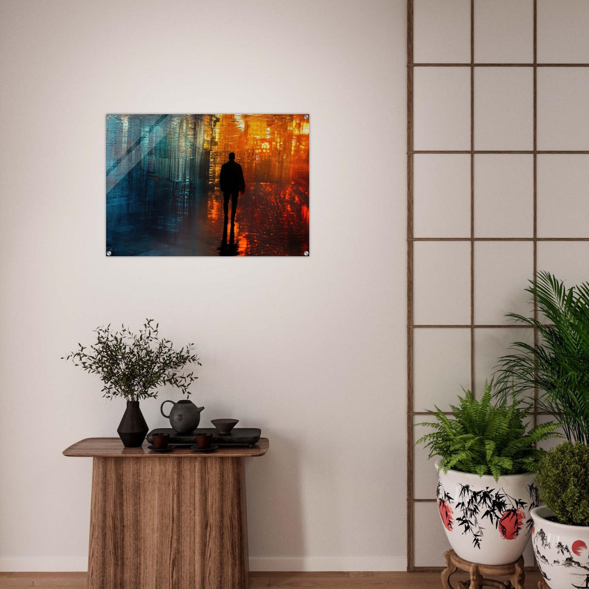 Acrylic Print Landscape - A lonely figure walks the rain - drenched streets - Ai Art Force