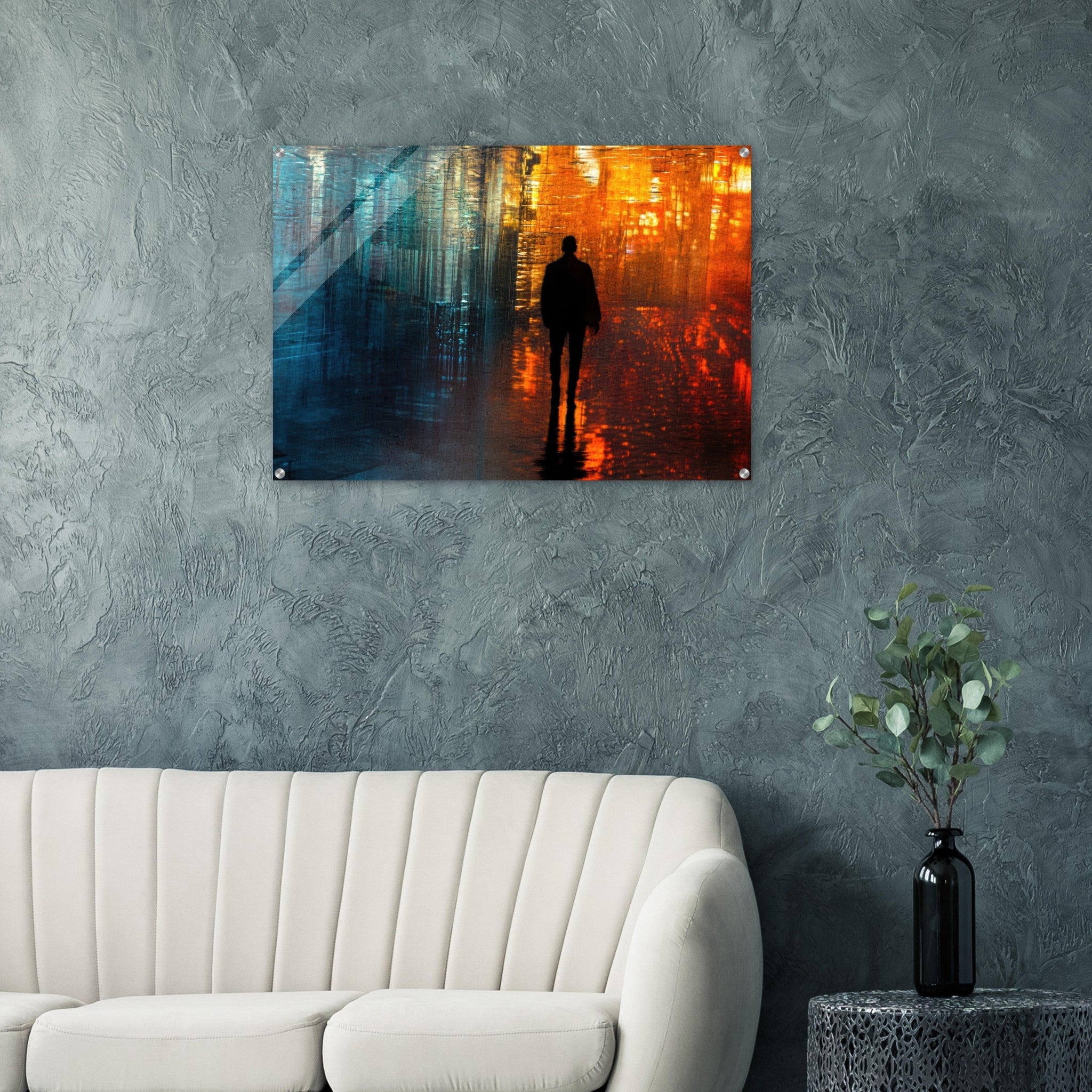 Acrylic Print Landscape - A lonely figure walks the rain - drenched streets - Ai Art Force