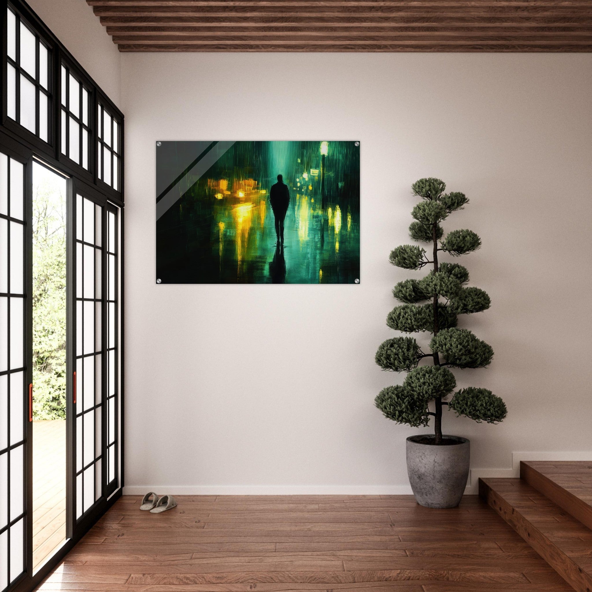 Acrylic Print Landscape - A man walks alone in the pouring rain his figure - Ai Art Force
