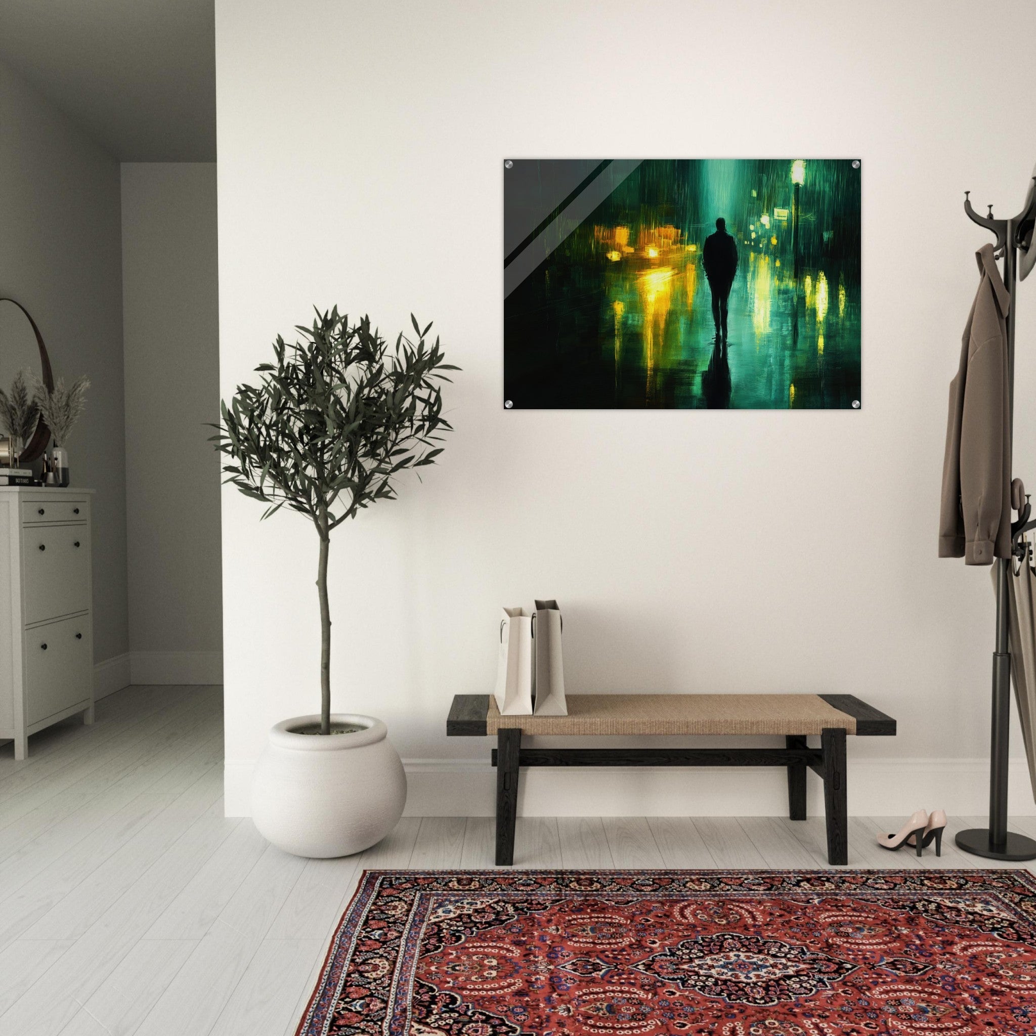 Acrylic Print Landscape - A man walks alone in the pouring rain his figure - Ai Art Force