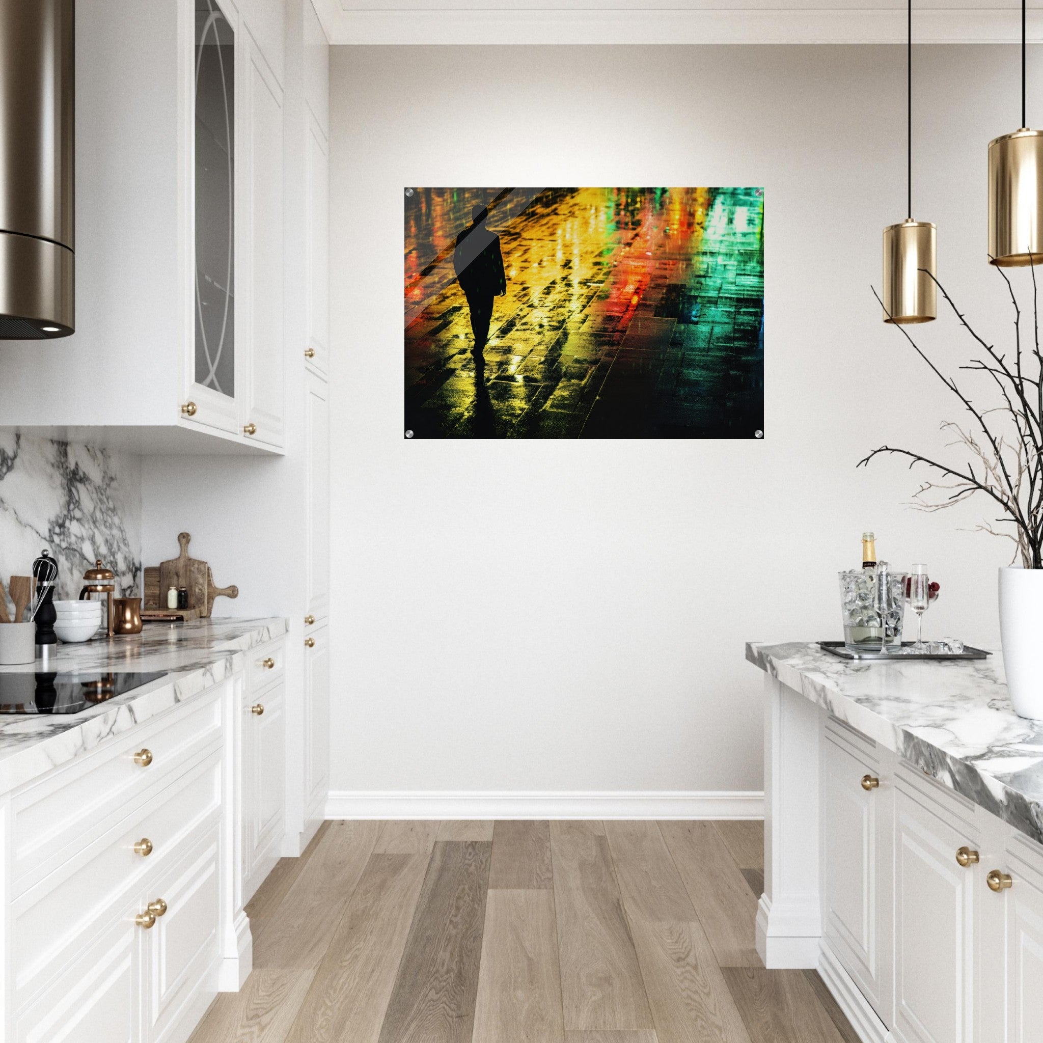 Acrylic Print Landscape - A man walks alone in the pouring rain his figure 2 - Shop Ai Art WebShop - Digital Art online Store