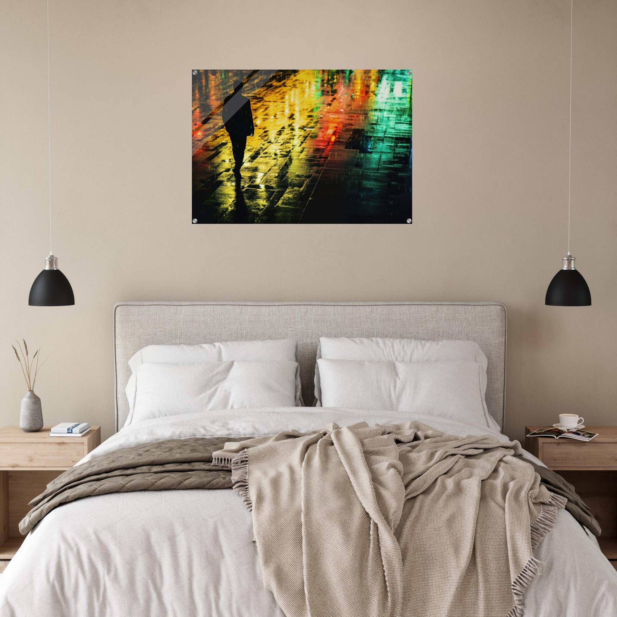 Acrylic Print Landscape - A man walks alone in the pouring rain his figure 2 - Shop Ai Art WebShop - Digital Art online Store