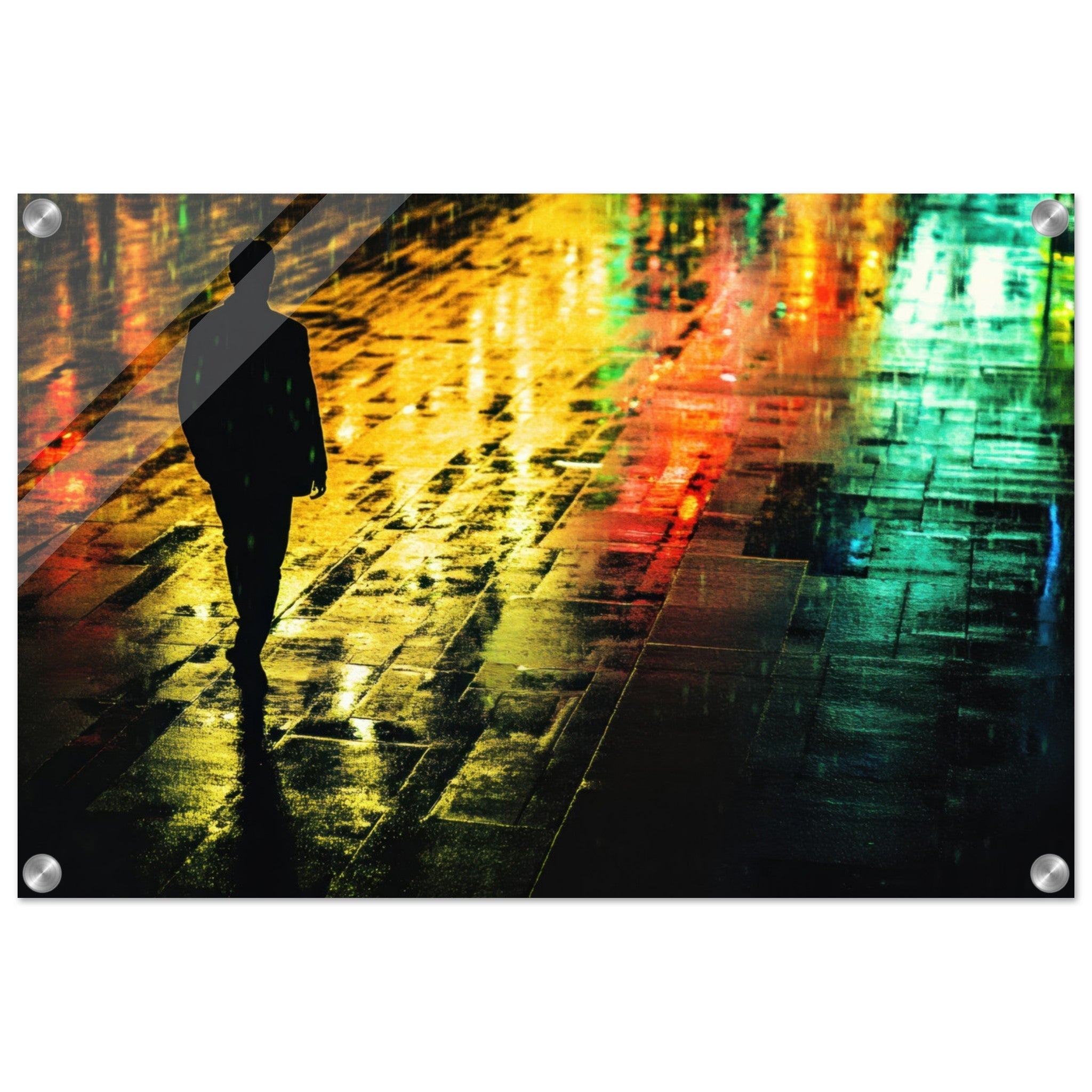 Acrylic Print Landscape - A man walks alone in the pouring rain his figure 2 - Shop Ai Art WebShop - Digital Art online Store