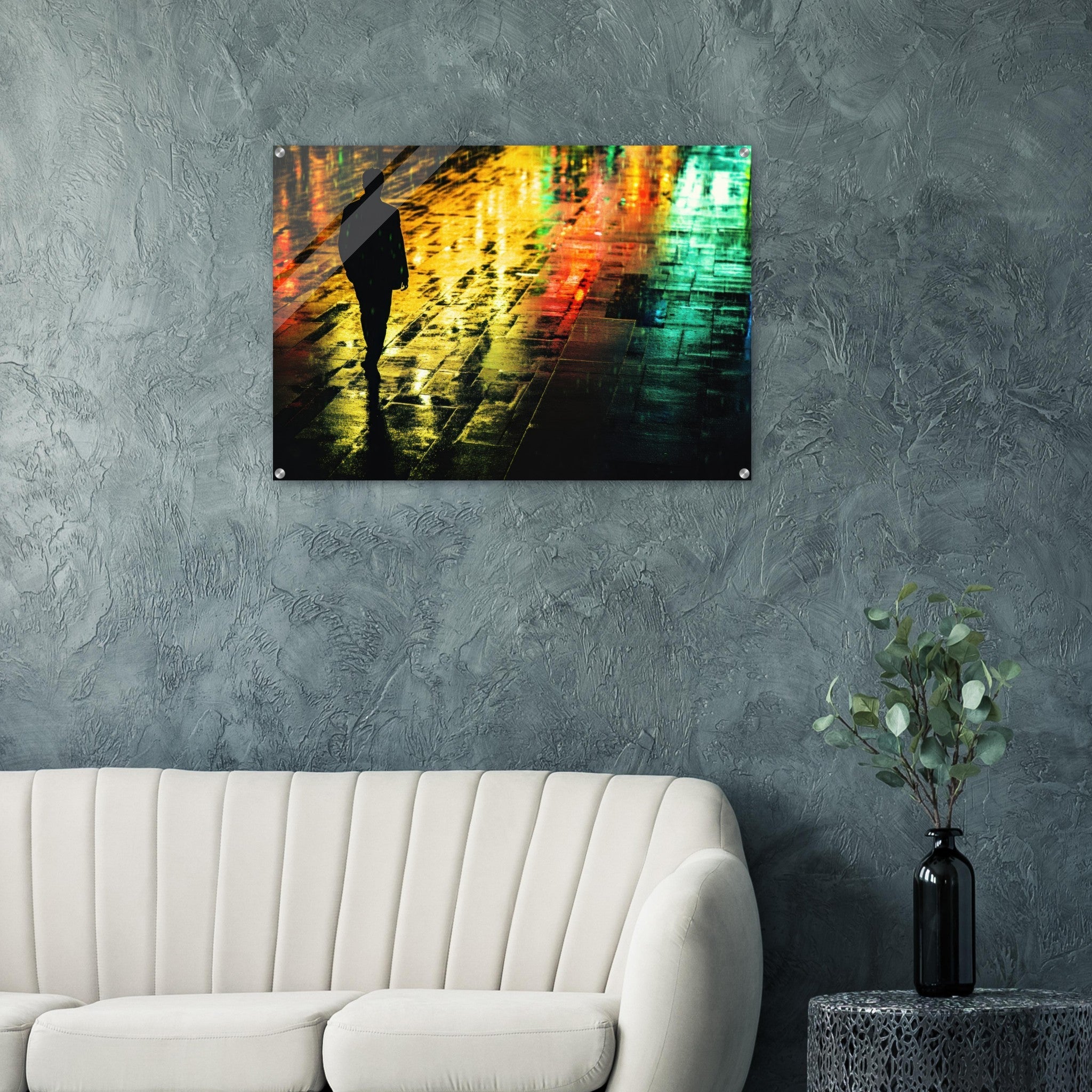 Acrylic Print Landscape - A man walks alone in the pouring rain his figure 2 - Shop Ai Art WebShop - Digital Art online Store