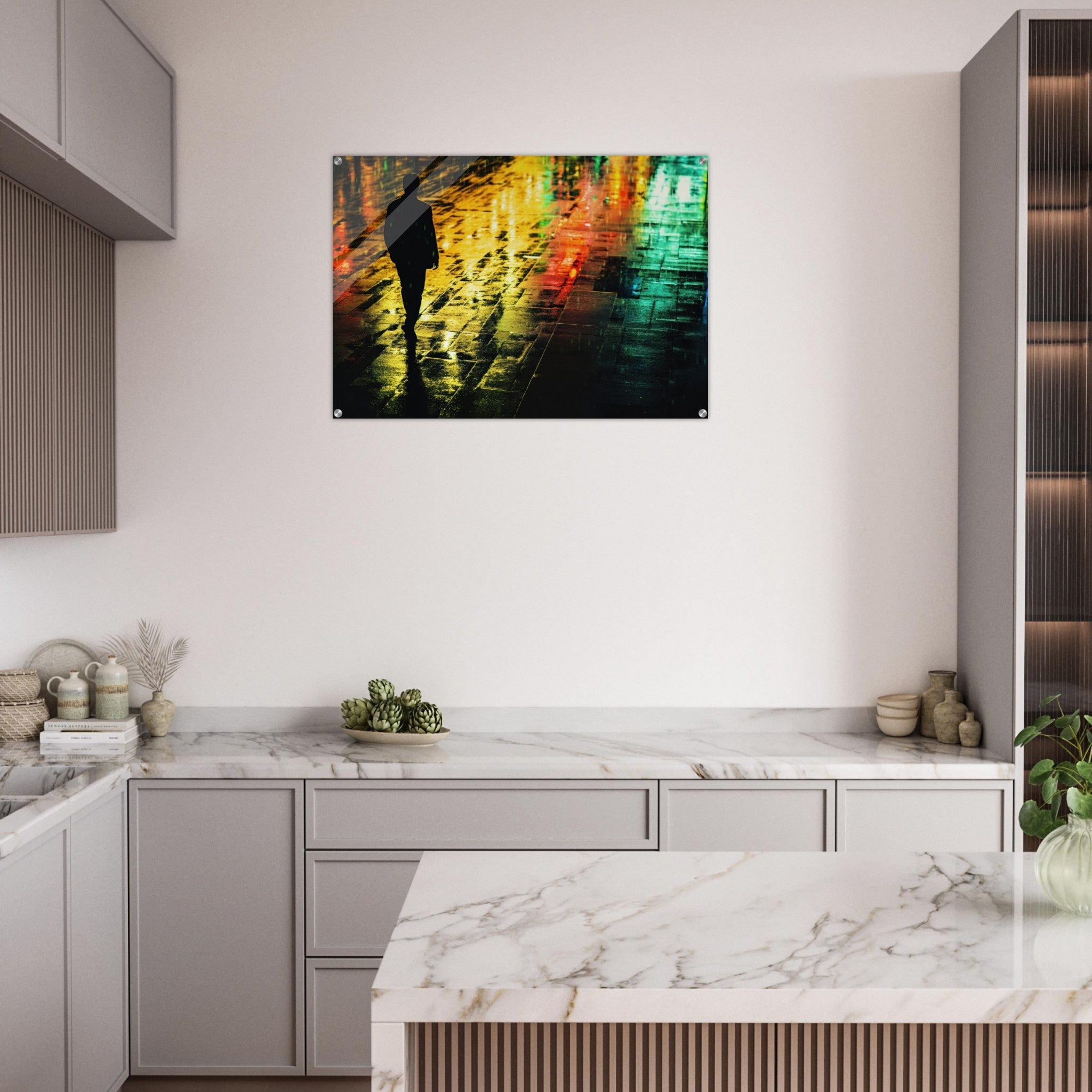 Acrylic Print Landscape - A man walks alone in the pouring rain his figure 2 - Shop Ai Art WebShop - Digital Art online Store