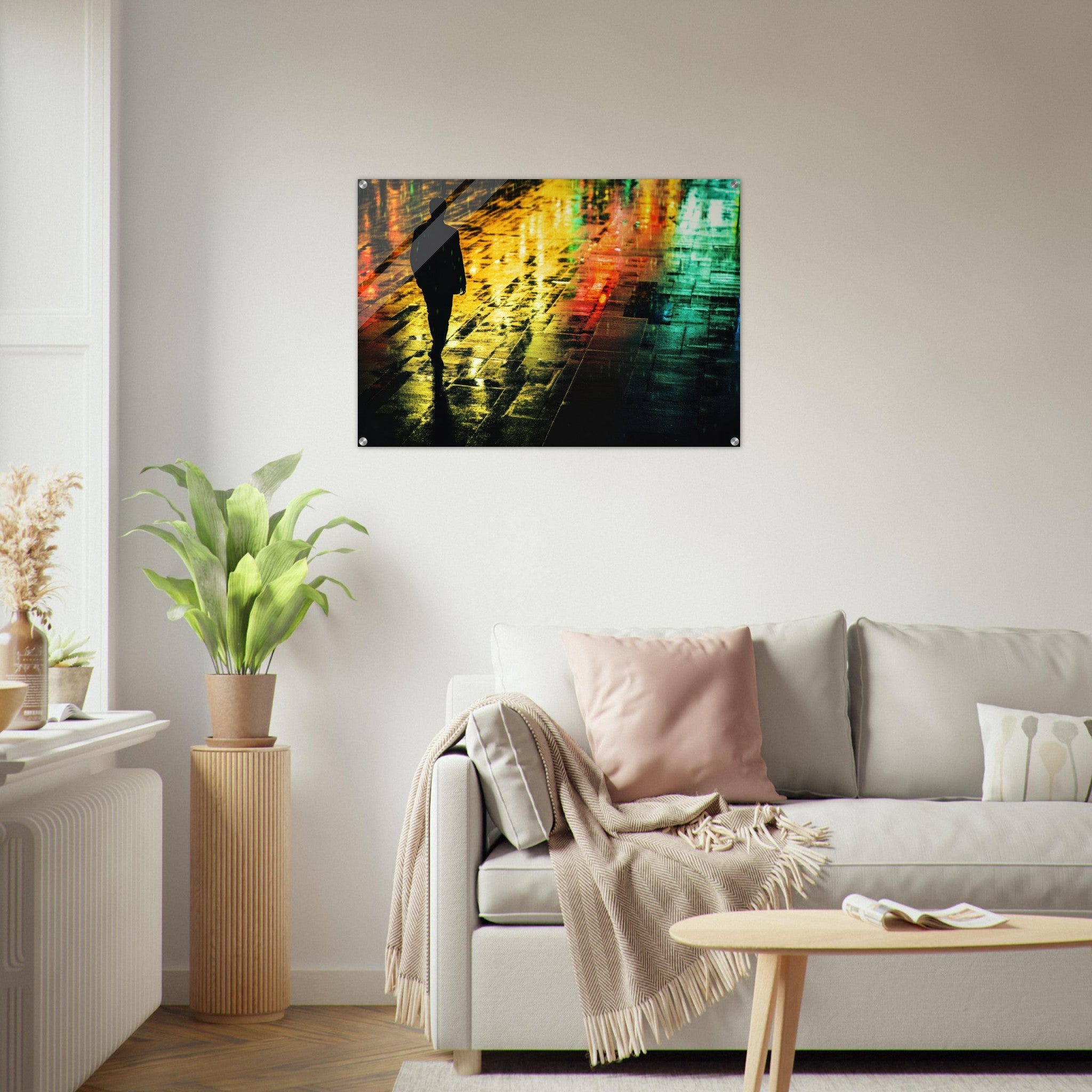 Acrylic Print Landscape - A man walks alone in the pouring rain his figure 2 - Shop Ai Art WebShop - Digital Art online Store