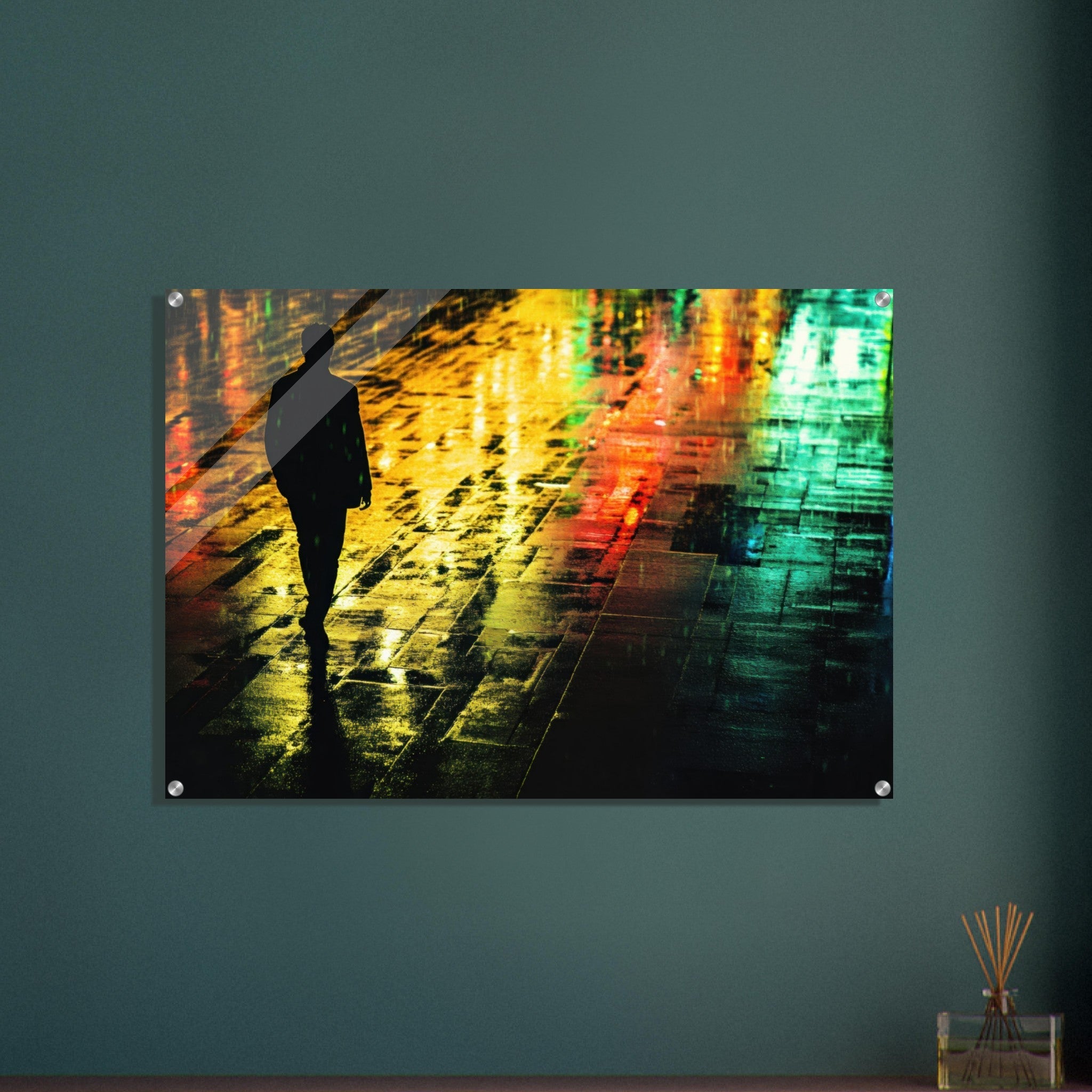 Acrylic Print Landscape - A man walks alone in the pouring rain his figure 2 - Shop Ai Art WebShop - Digital Art online Store
