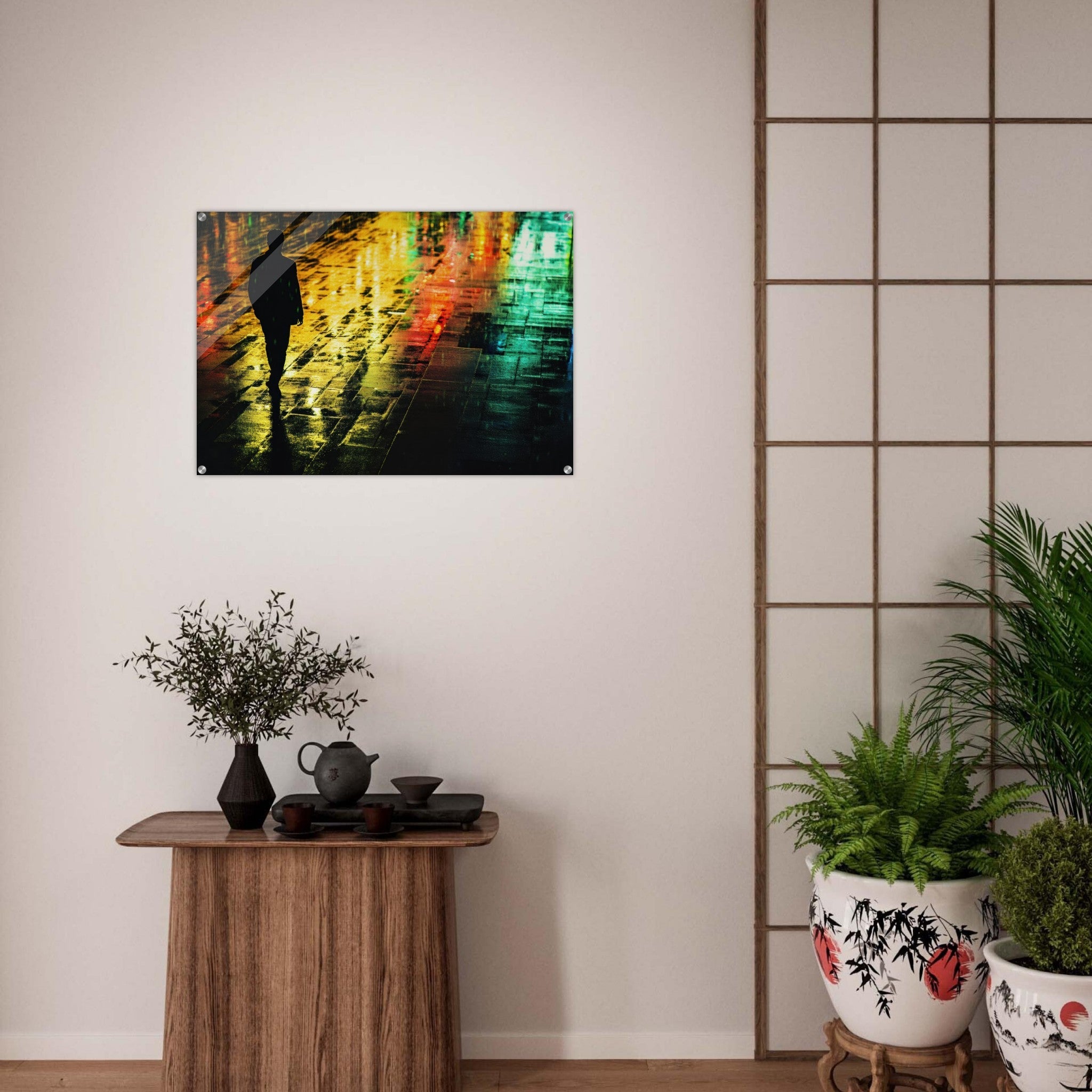 Acrylic Print Landscape - A man walks alone in the pouring rain his figure 2 - Shop Ai Art WebShop - Digital Art online Store
