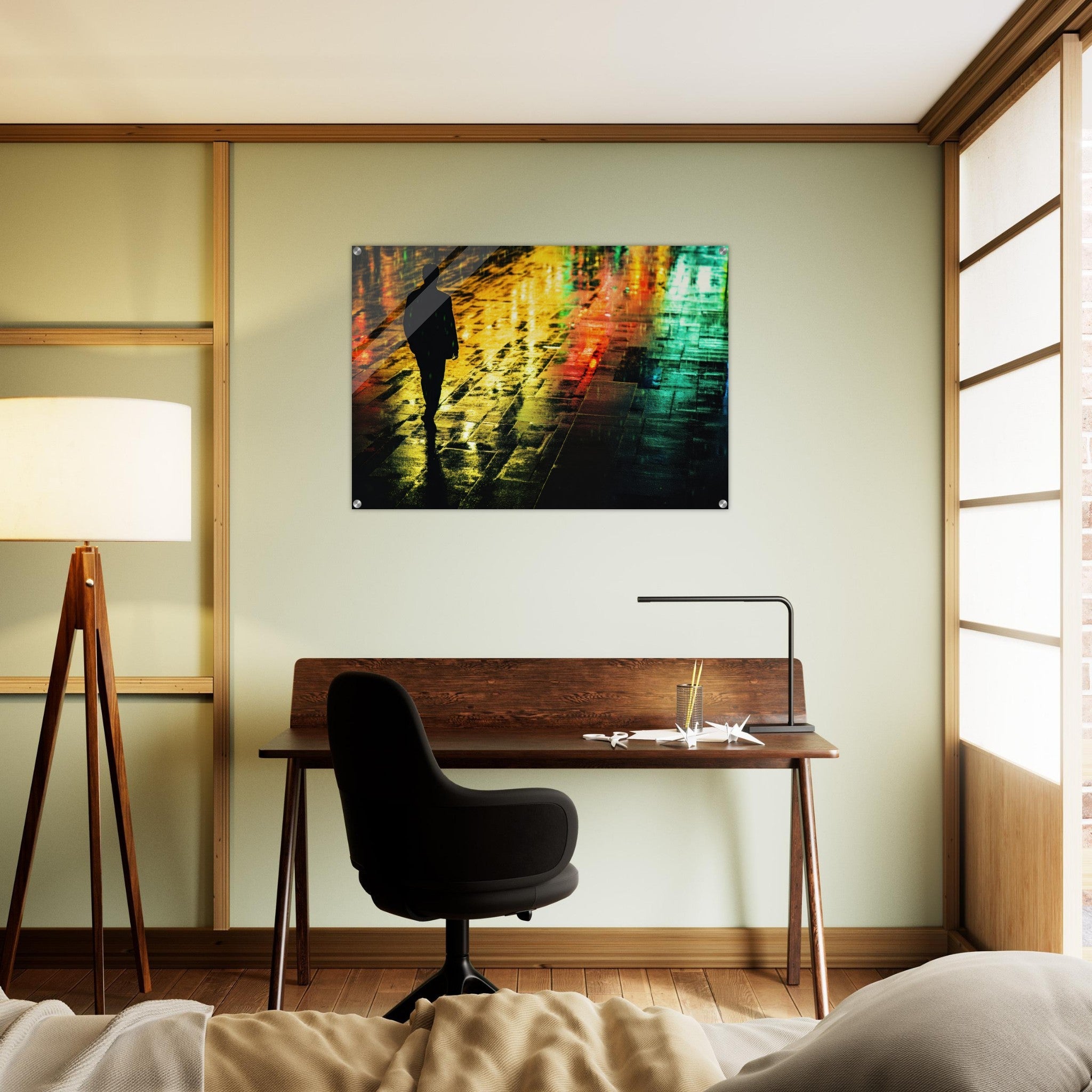 Acrylic Print Landscape - A man walks alone in the pouring rain his figure 2 - Shop Ai Art WebShop - Digital Art online Store