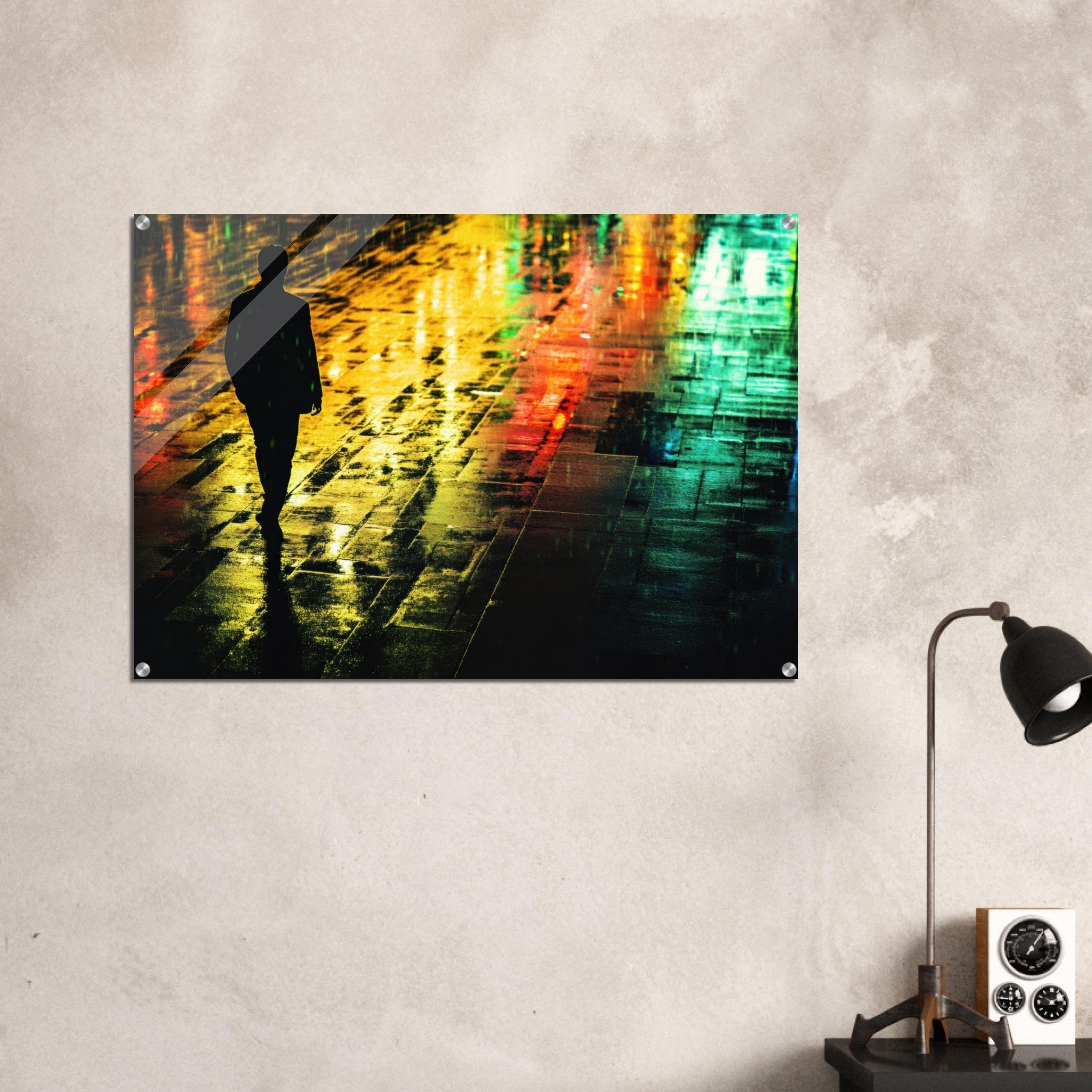 Acrylic Print Landscape - A man walks alone in the pouring rain his figure 2 - Shop Ai Art WebShop - Digital Art online Store