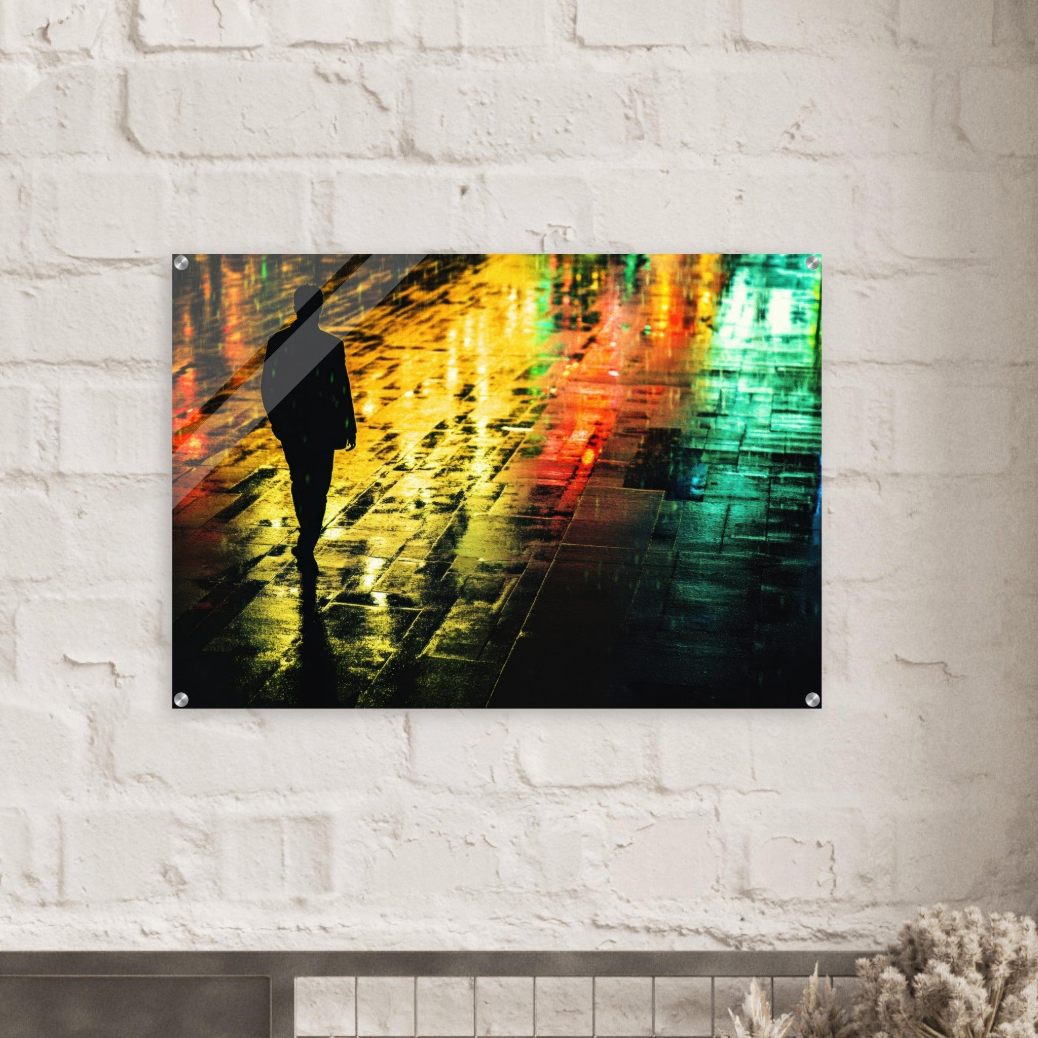 Acrylic Print Landscape - A man walks alone in the pouring rain his figure 2 - Shop Ai Art WebShop - Digital Art online Store