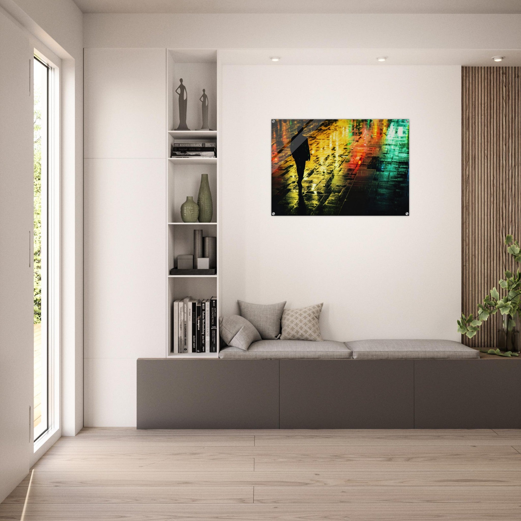Acrylic Print Landscape - A man walks alone in the pouring rain his figure 2 - Shop Ai Art WebShop - Digital Art online Store