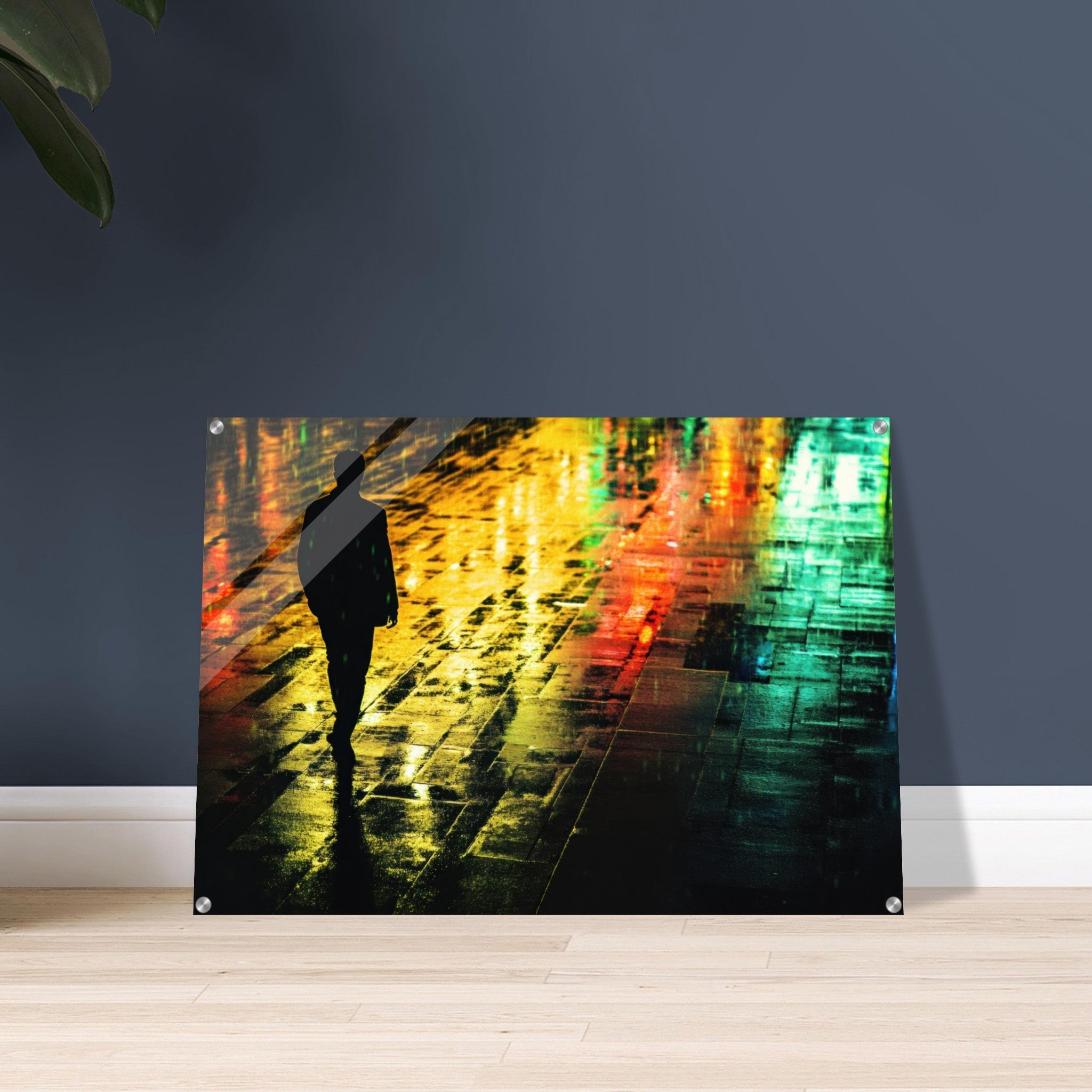 Acrylic Print Landscape - A man walks alone in the pouring rain his figure 2 - Shop Ai Art WebShop - Digital Art online Store