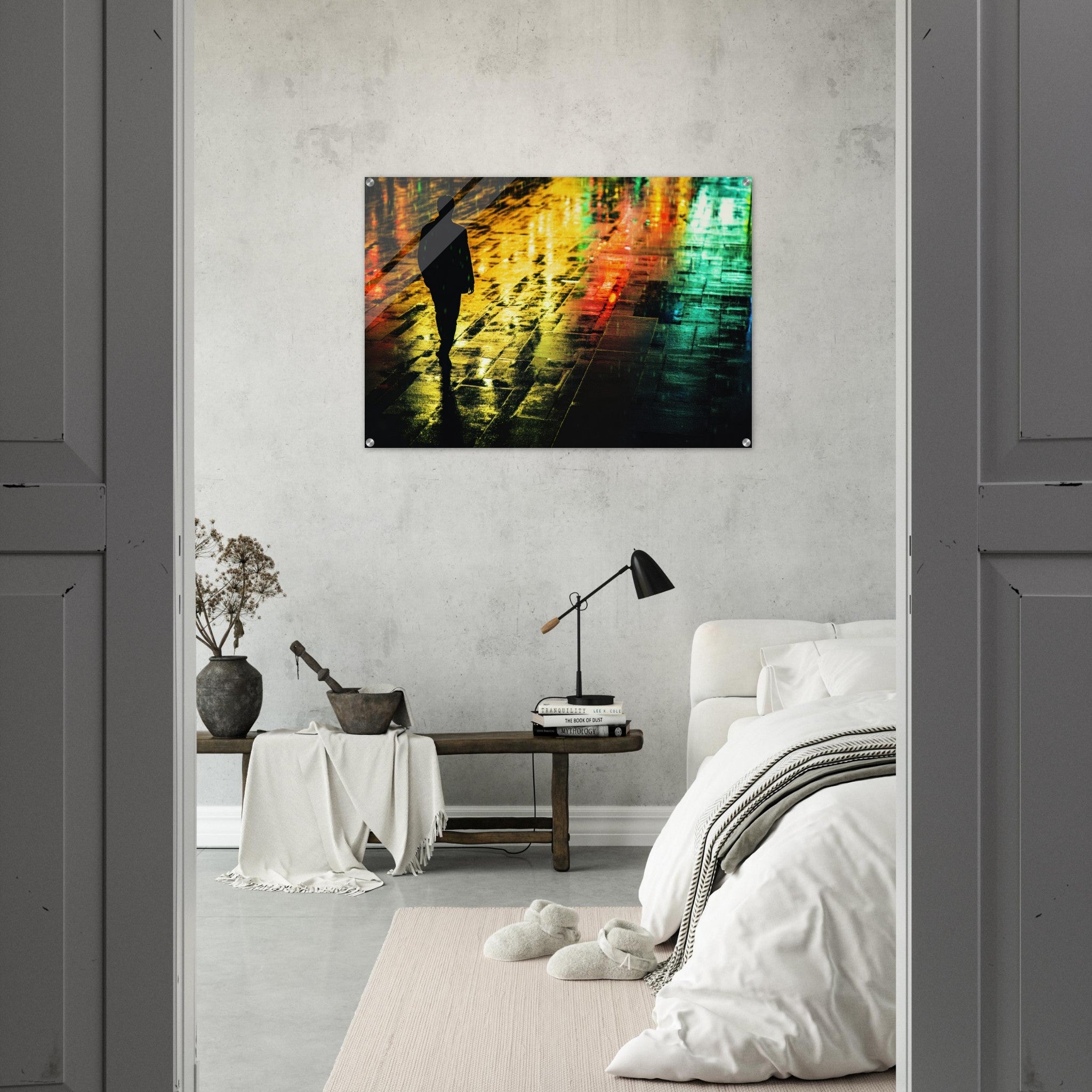 Acrylic Print Landscape - A man walks alone in the pouring rain his figure 2 - Shop Ai Art WebShop - Digital Art online Store