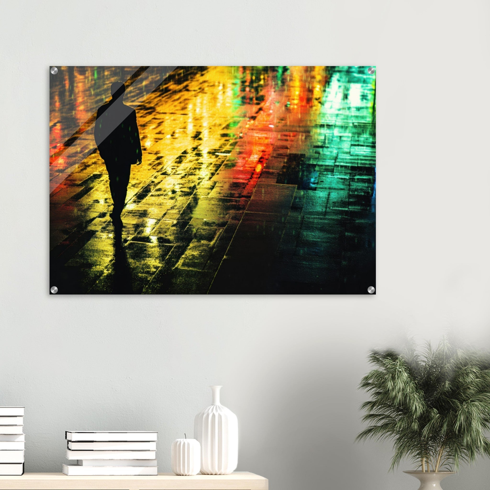 Acrylic Print Landscape - A man walks alone in the pouring rain his figure 2 - Shop Ai Art WebShop - Digital Art online Store