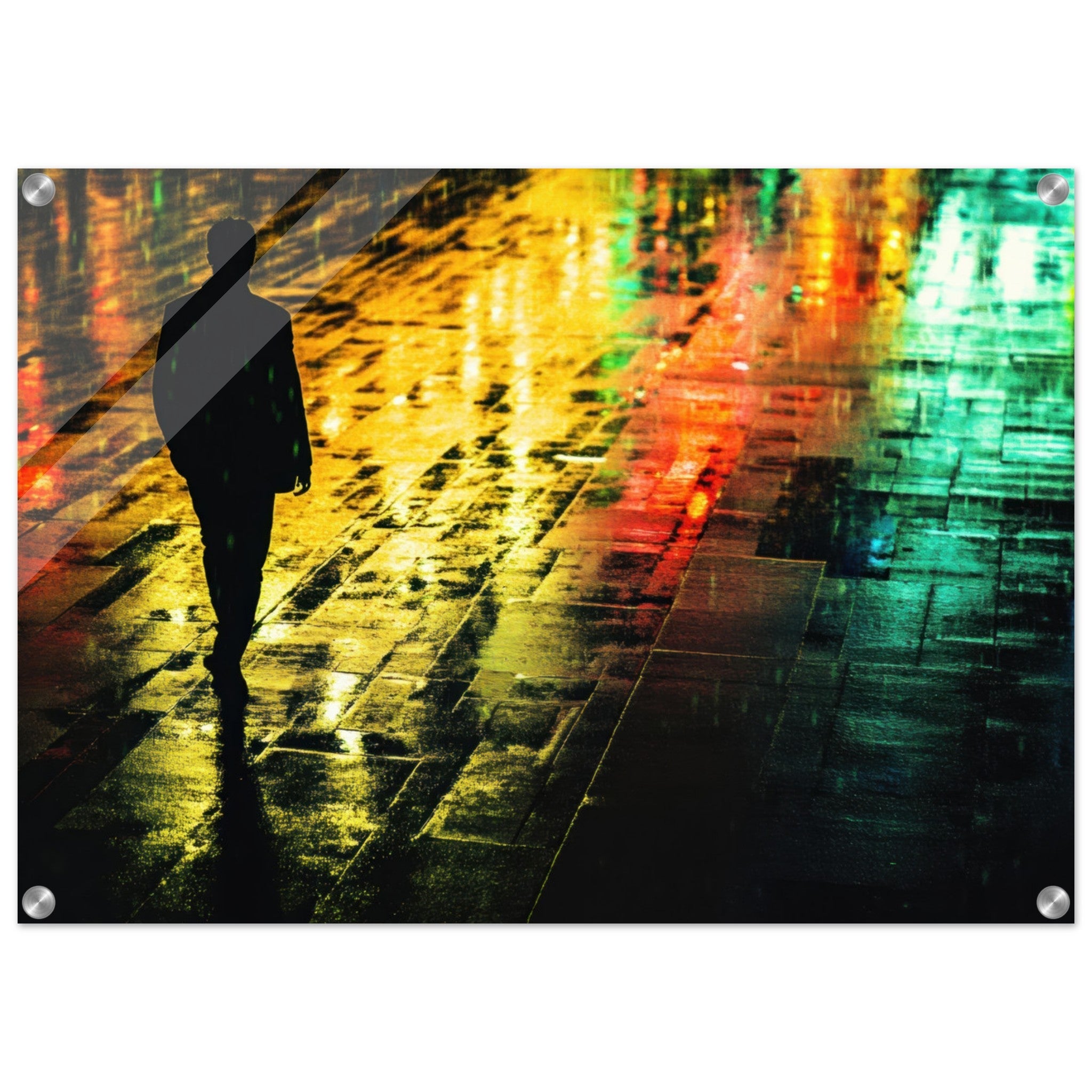 Acrylic Print Landscape - A man walks alone in the pouring rain his figure 2 - Shop Ai Art WebShop - Digital Art online Store