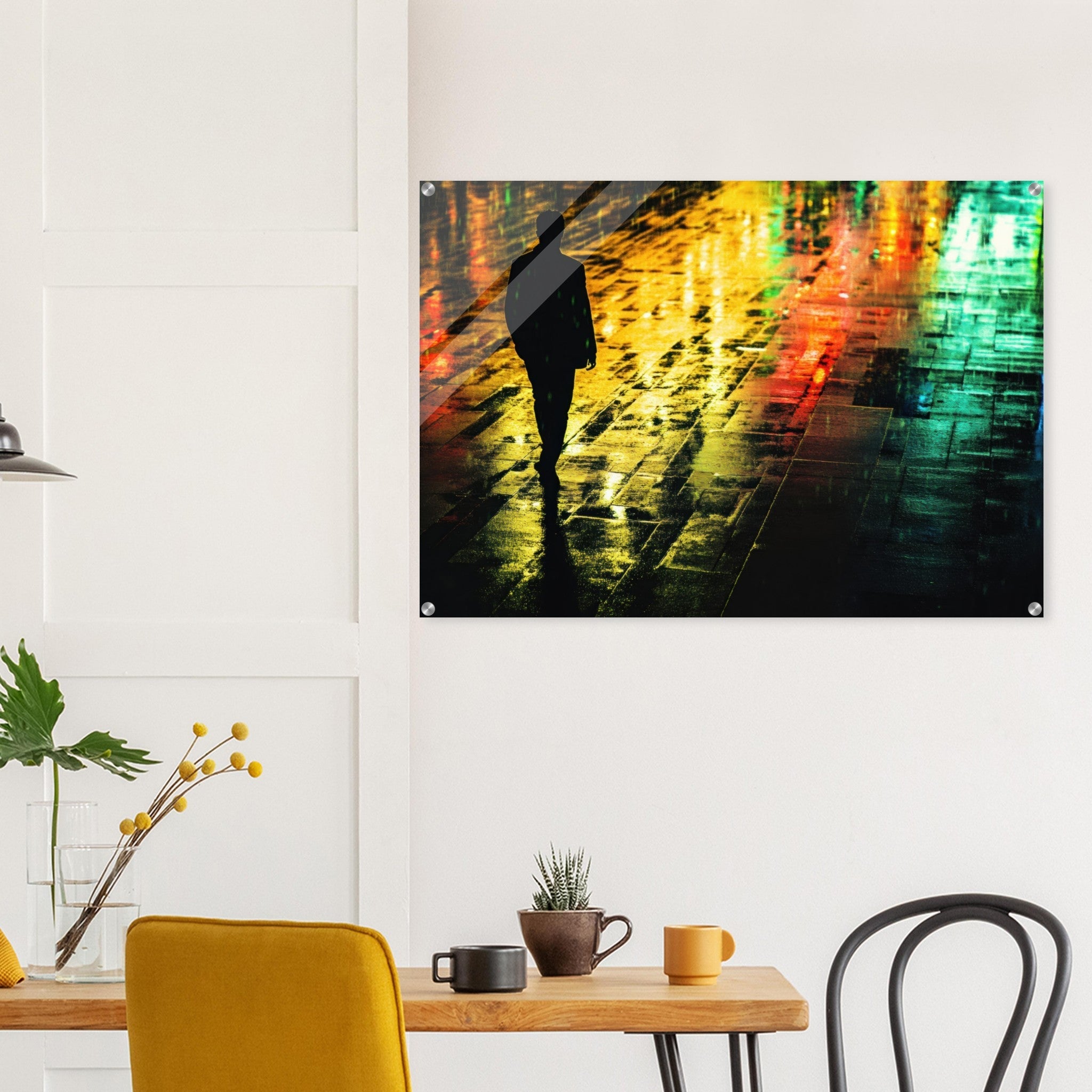 Acrylic Print Landscape - A man walks alone in the pouring rain his figure 2 - Shop Ai Art WebShop - Digital Art online Store