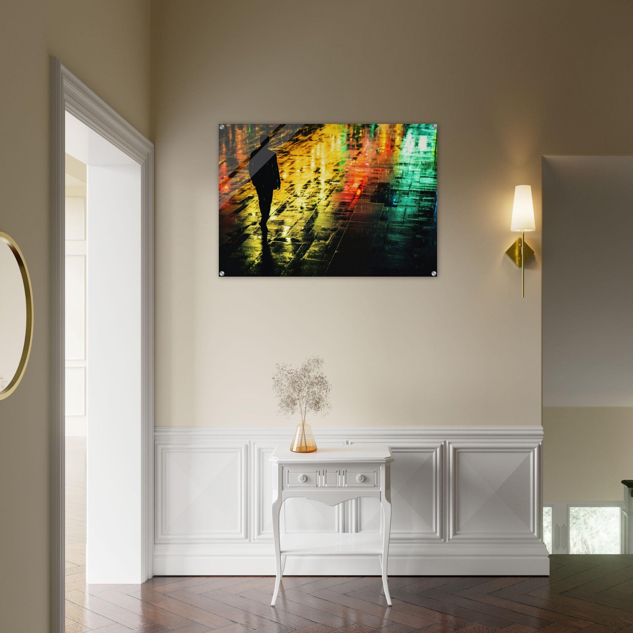 Acrylic Print Landscape - A man walks alone in the pouring rain his figure 2 - Shop Ai Art WebShop - Digital Art online Store