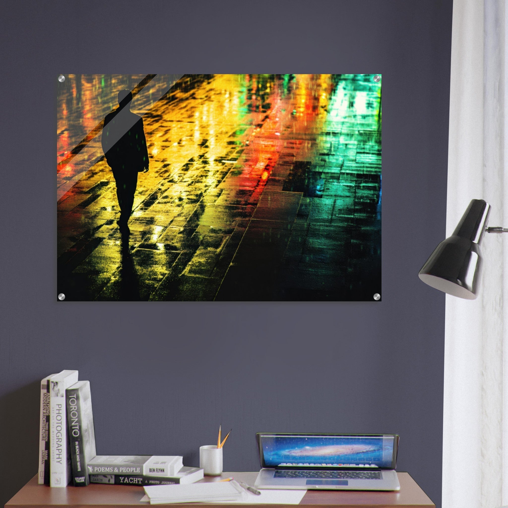 Acrylic Print Landscape - A man walks alone in the pouring rain his figure 2 - Shop Ai Art WebShop - Digital Art online Store