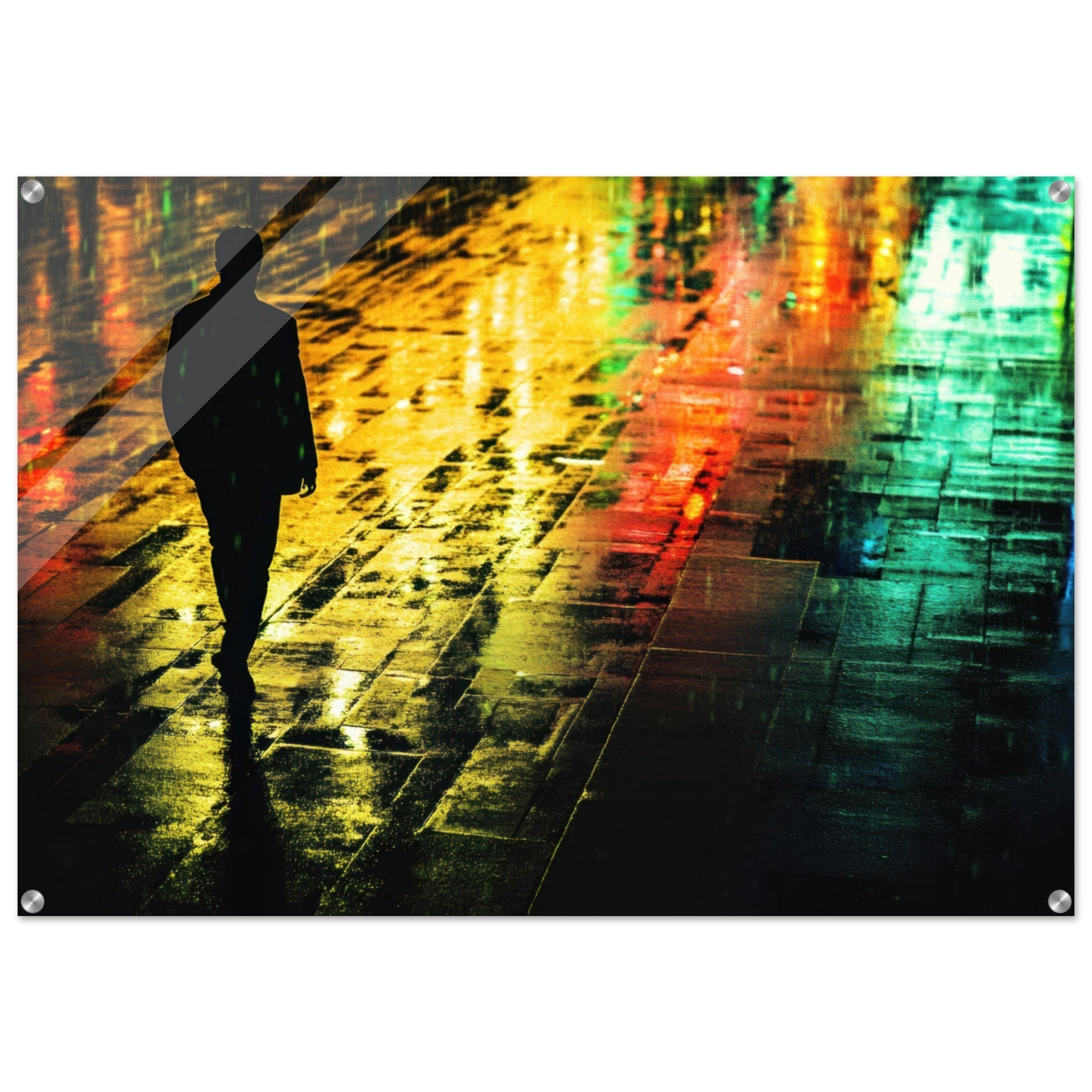 Acrylic Print Landscape - A man walks alone in the pouring rain his figure 2 - Shop Ai Art WebShop - Digital Art online Store