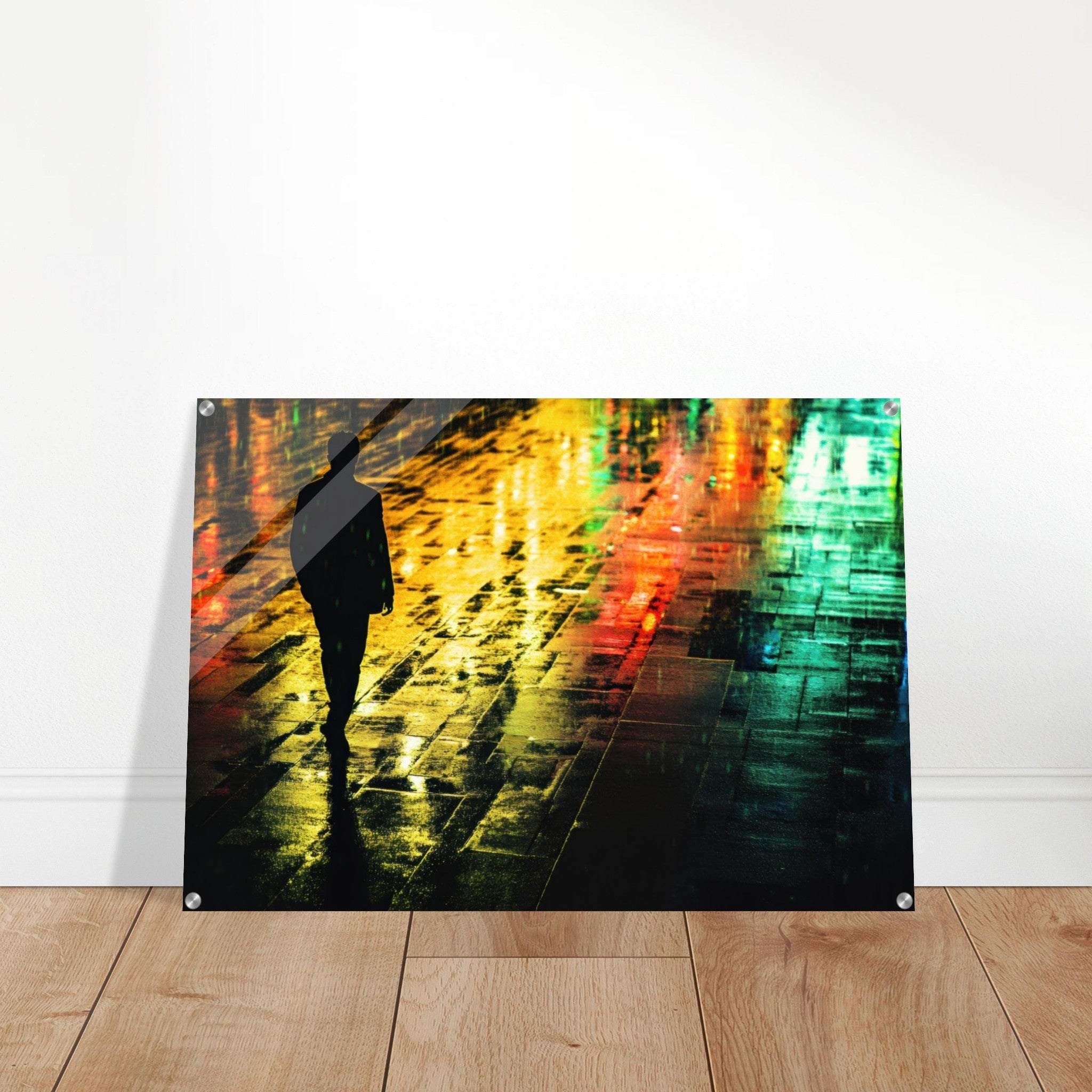 Acrylic Print Landscape - A man walks alone in the pouring rain his figure 2 - Shop Ai Art WebShop - Digital Art online Store